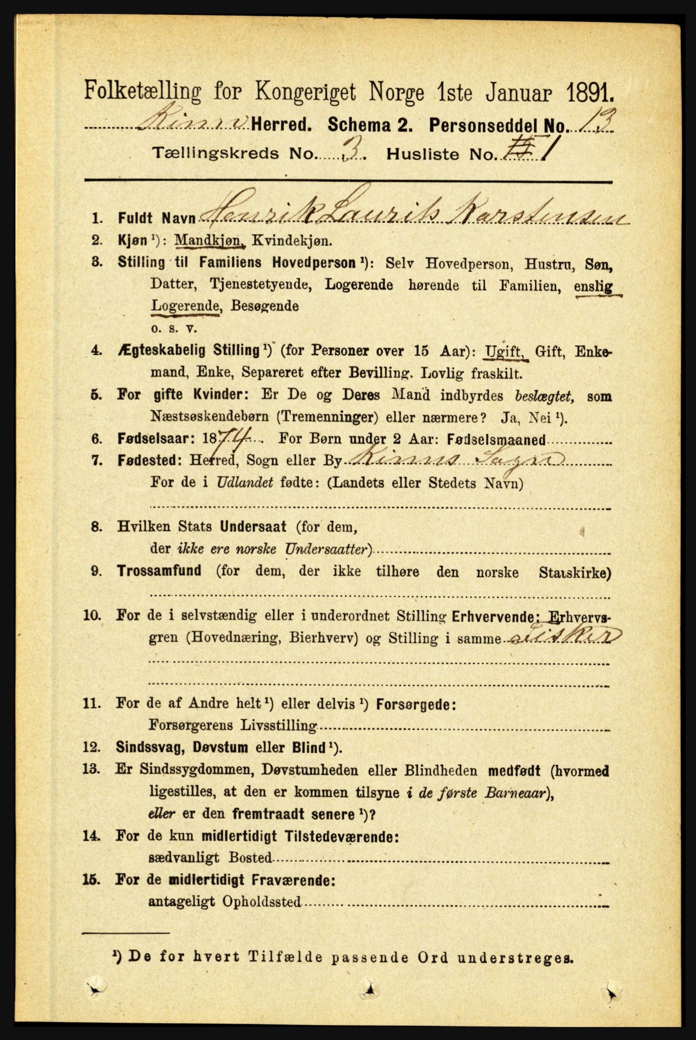 RA, 1891 census for 1437 Kinn, 1891, p. 945