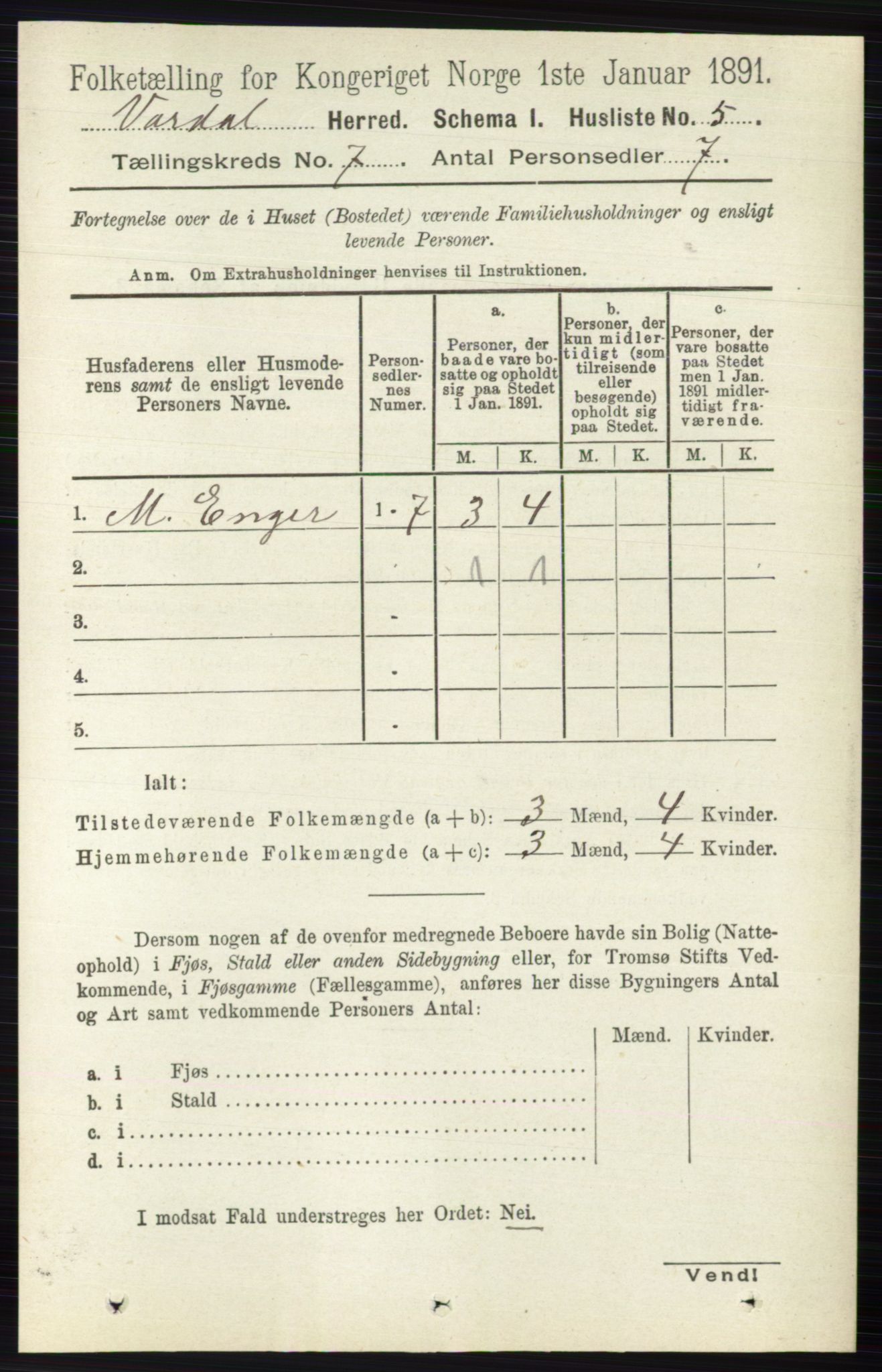 RA, 1891 census for 0527 Vardal, 1891, p. 2886