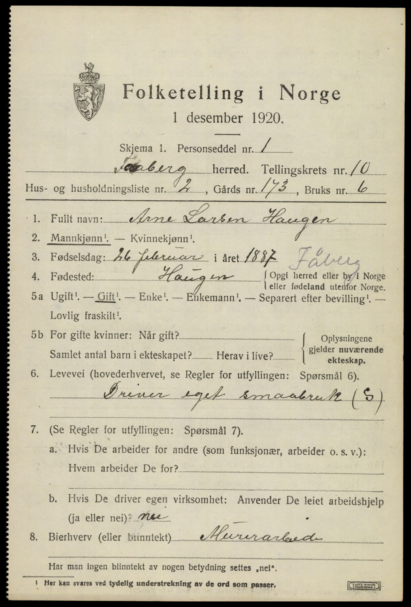 SAH, 1920 census for Fåberg, 1920, p. 11654