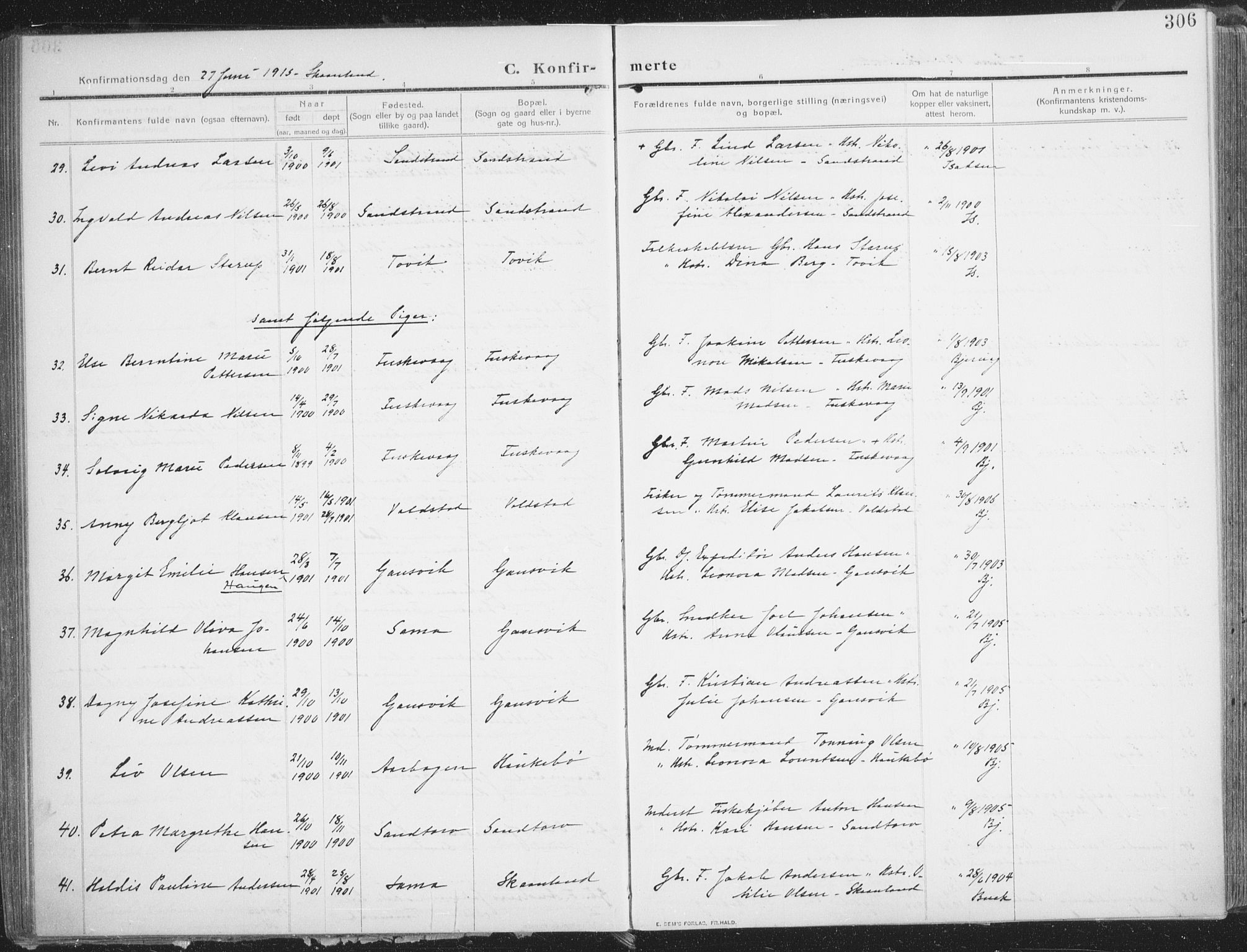 Trondenes sokneprestkontor, AV/SATØ-S-1319/H/Ha/L0018kirke: Parish register (official) no. 18, 1909-1918, p. 306