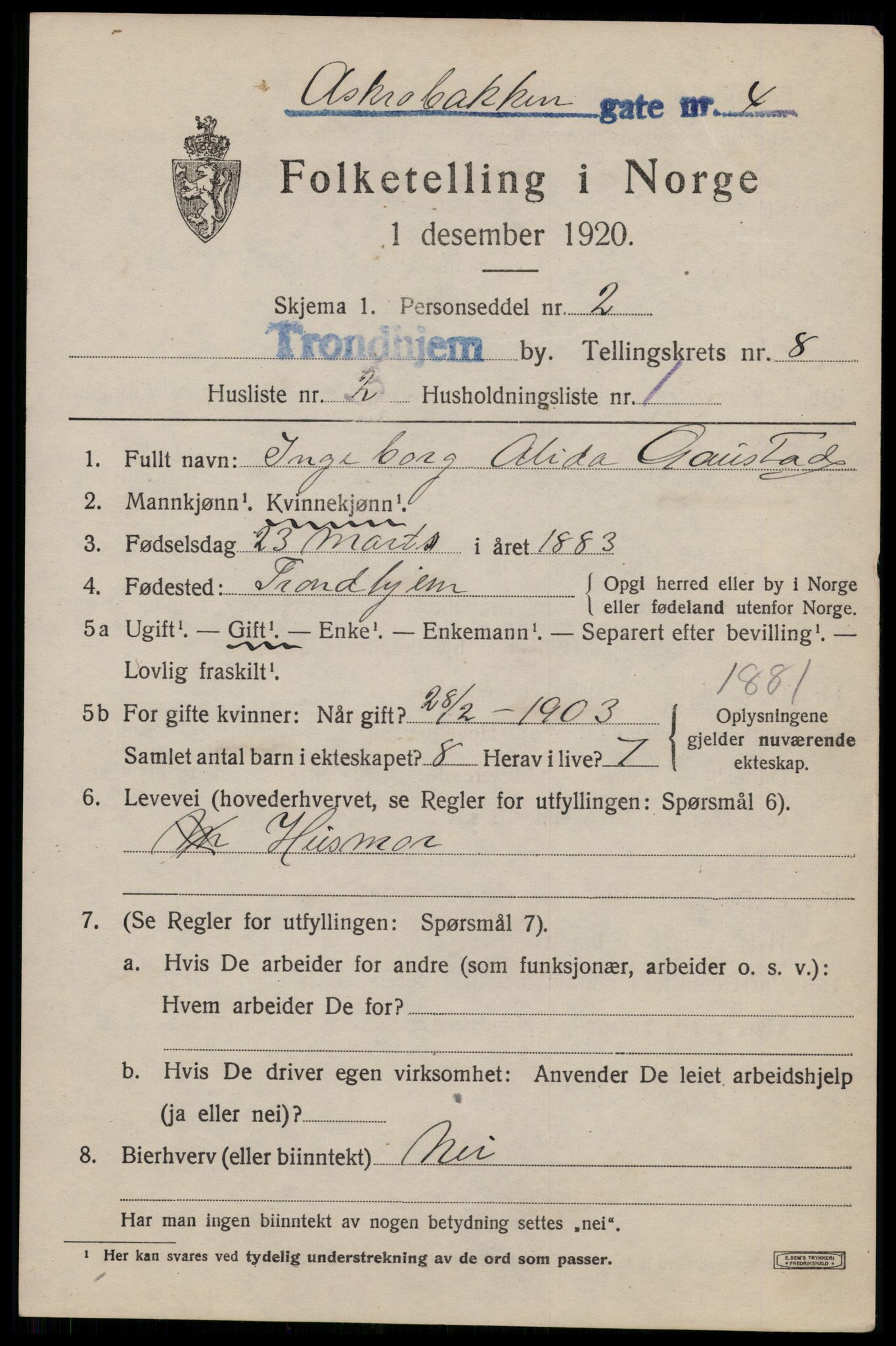 SAT, 1920 census for Trondheim, 1920, p. 42490