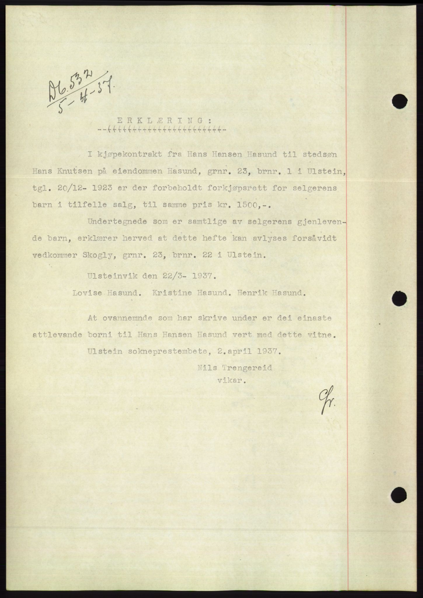 Søre Sunnmøre sorenskriveri, SAT/A-4122/1/2/2C/L0062: Mortgage book no. 56, 1936-1937, Diary no: : 532/1937