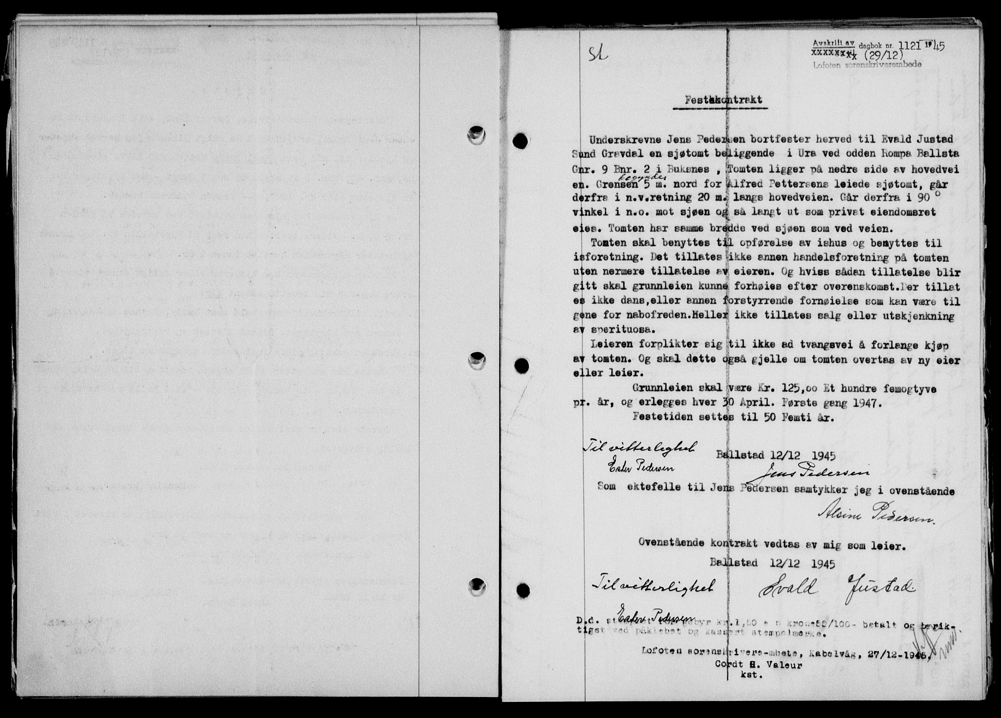 Lofoten sorenskriveri, SAT/A-0017/1/2/2C/L0013a: Mortgage book no. 13a, 1944-1946, Diary no: : 1121/1945