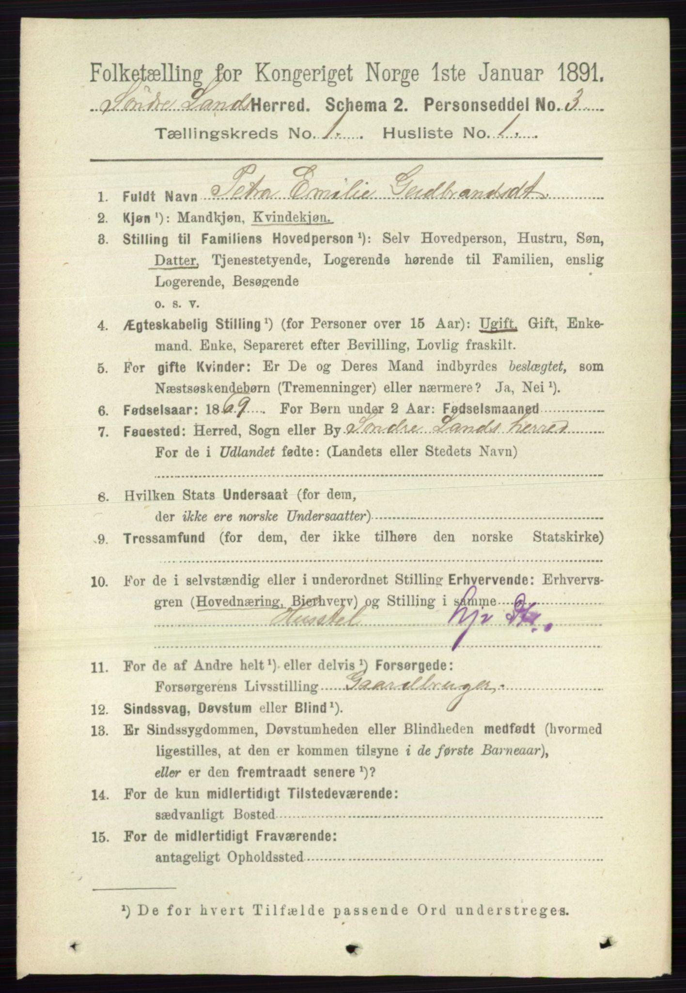 RA, 1891 census for 0536 Søndre Land, 1891, p. 134