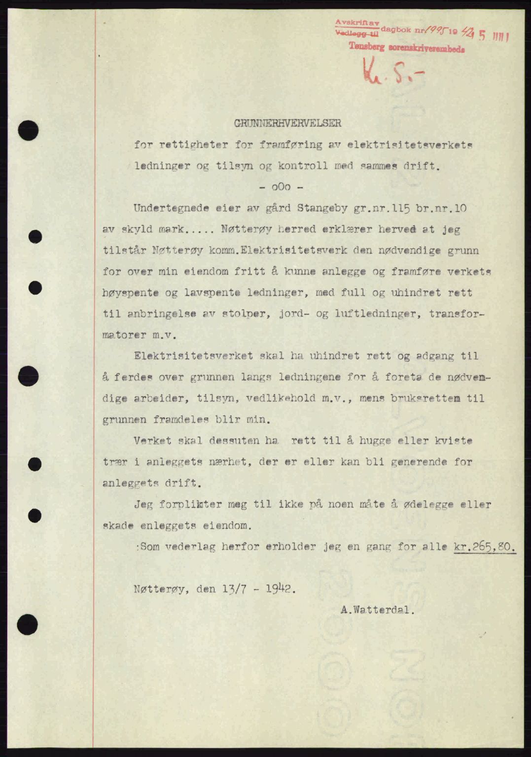 Tønsberg sorenskriveri, AV/SAKO-A-130/G/Ga/Gaa/L0011: Mortgage book no. A11, 1941-1942, Diary no: : 1995/1942