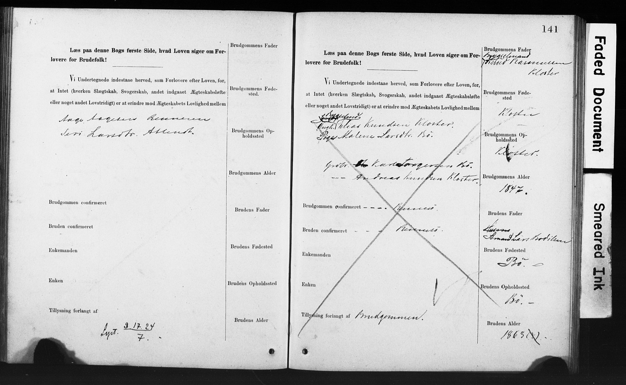 Rennesøy sokneprestkontor, SAST/A -101827/I/Ie/L0001: Banns register no. 1, 1873-1898, p. 141
