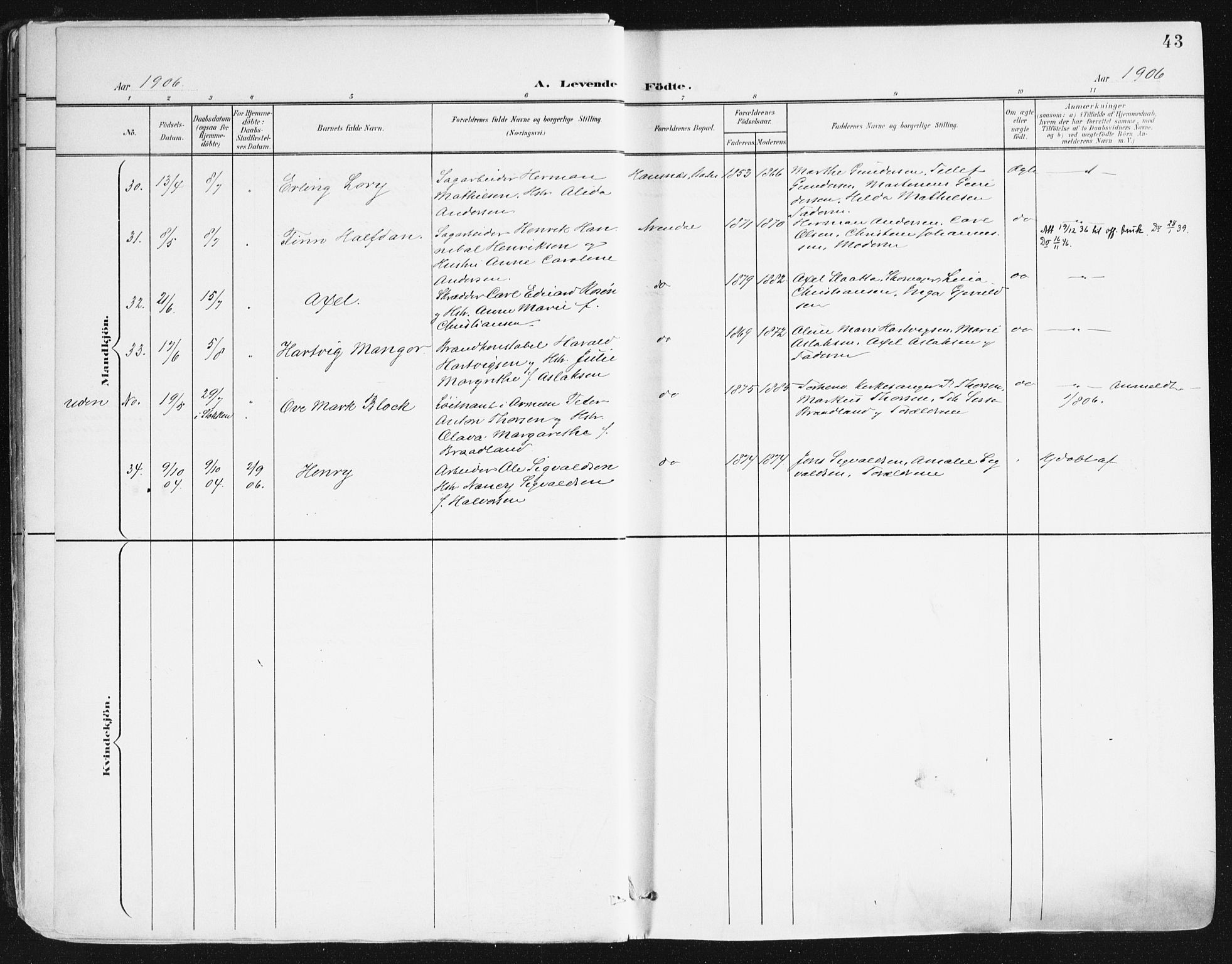 Arendal sokneprestkontor, Trefoldighet, AV/SAK-1111-0040/F/Fa/L0010: Parish register (official) no. A 10, 1900-1919, p. 43