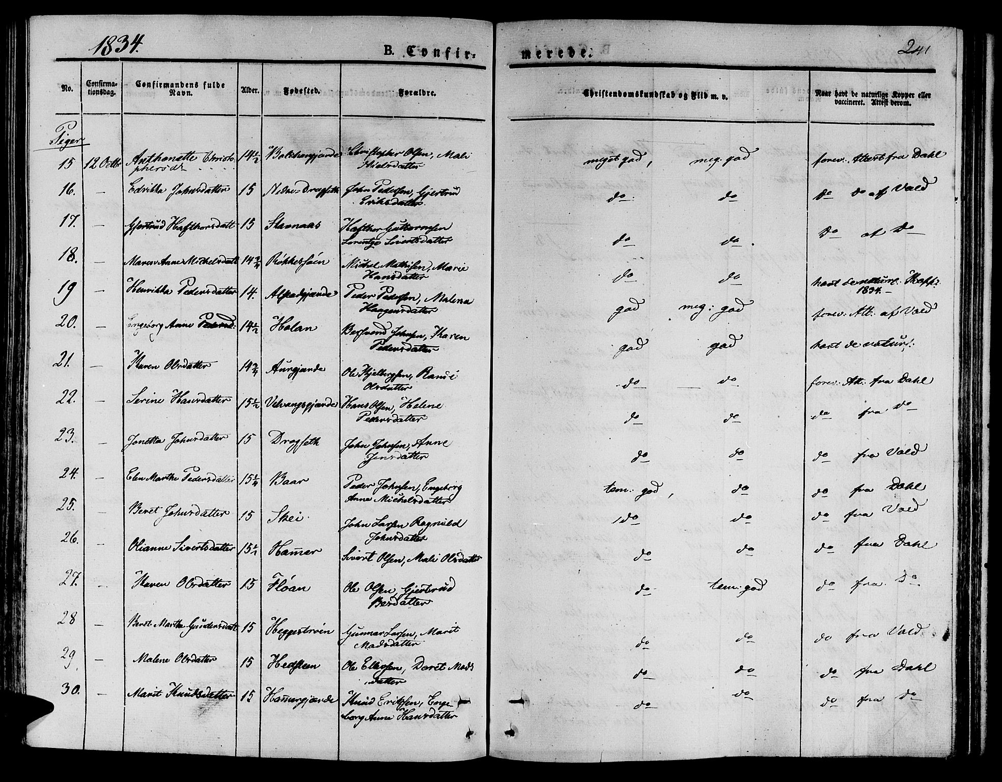 Ministerialprotokoller, klokkerbøker og fødselsregistre - Nord-Trøndelag, SAT/A-1458/709/L0071: Parish register (official) no. 709A11, 1833-1844, p. 241