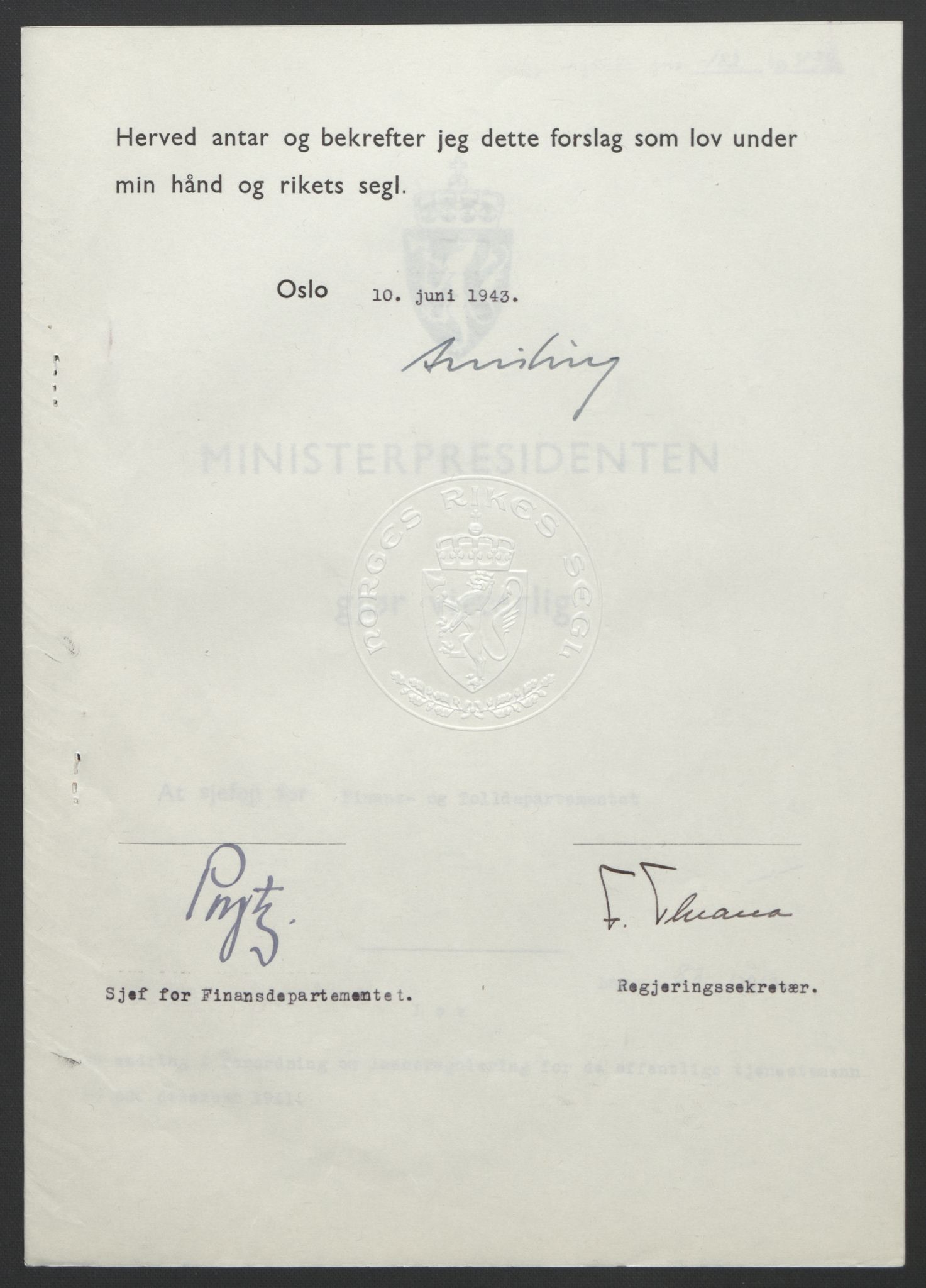 NS-administrasjonen 1940-1945 (Statsrådsekretariatet, de kommisariske statsråder mm), RA/S-4279/D/Db/L0099: Lover, 1943, p. 399