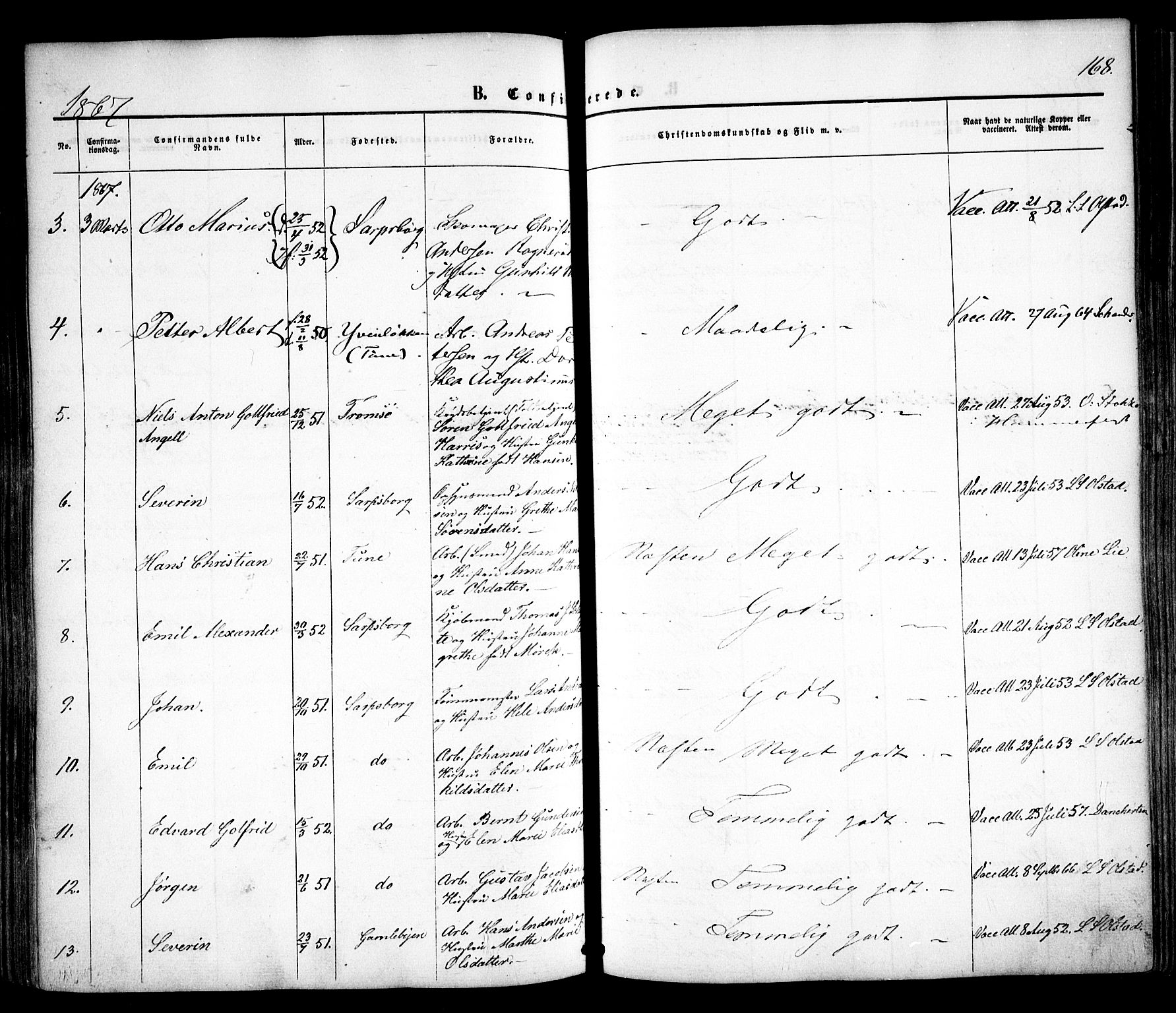 Sarpsborg prestekontor Kirkebøker, SAO/A-2006/F/Fa/L0001: Parish register (official) no. 1, 1859-1868, p. 168
