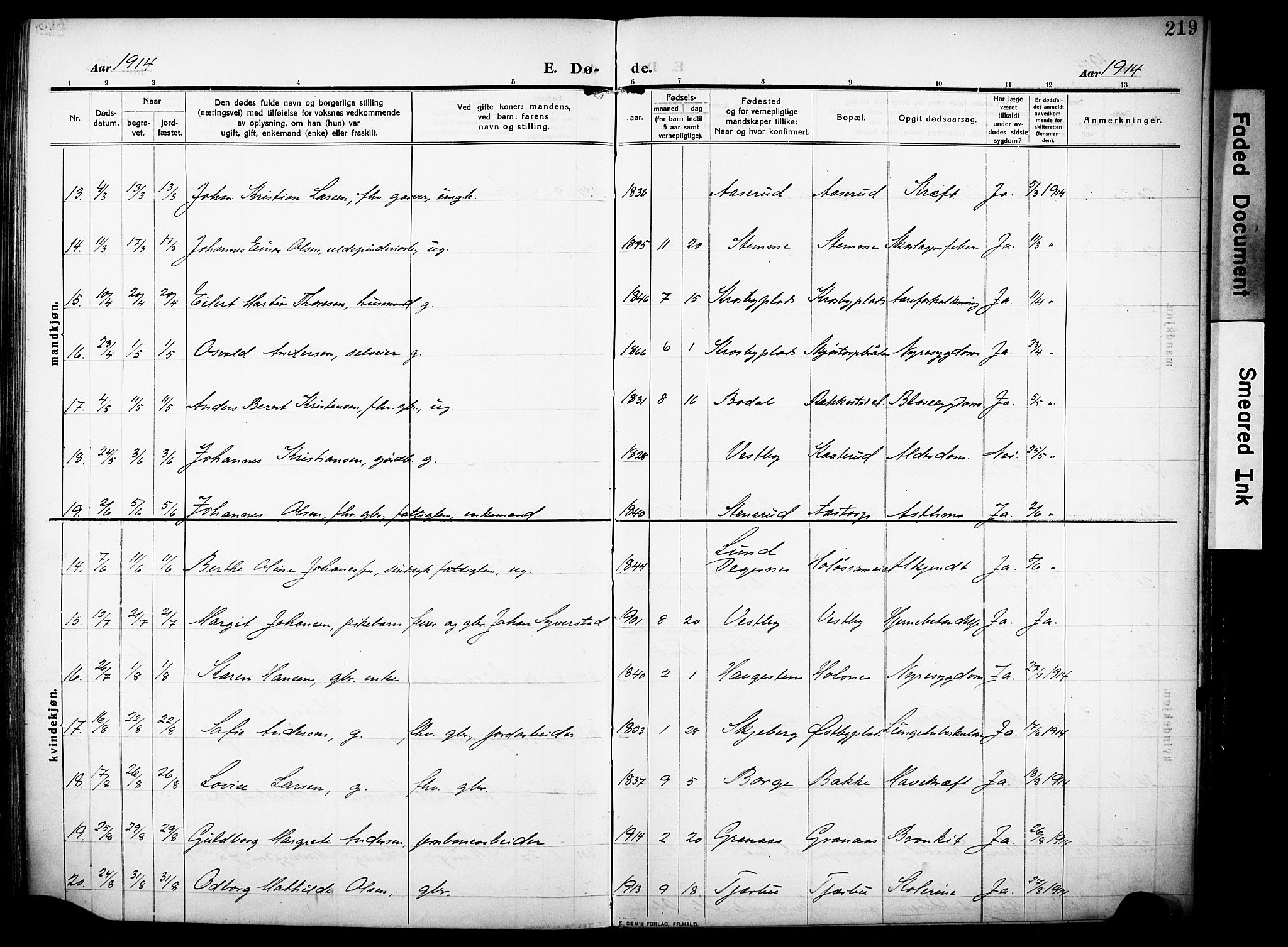 Rakkestad prestekontor Kirkebøker, AV/SAO-A-2008/F/Fa/L0015: Parish register (official) no. I 15, 1909-1922, p. 219