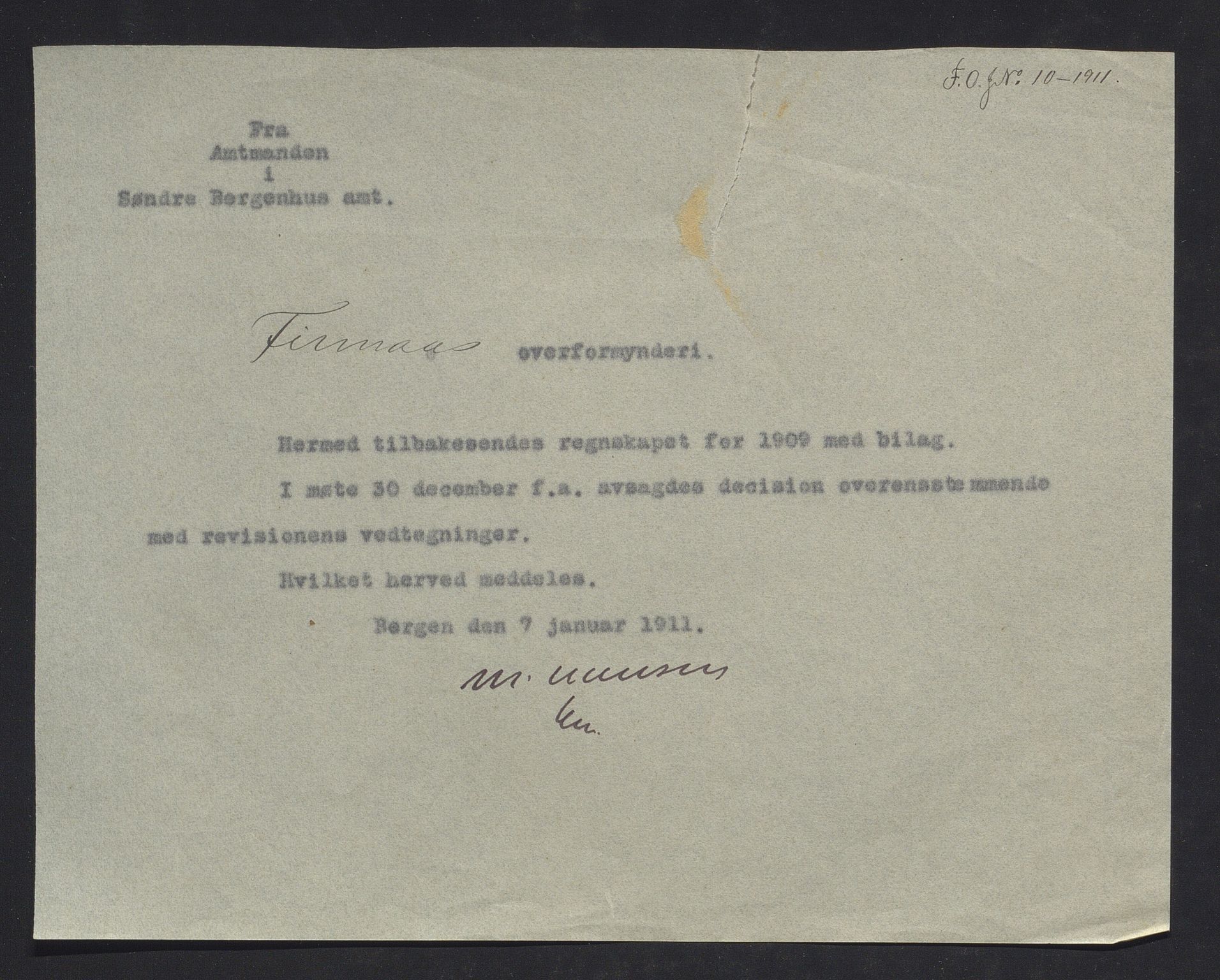 Finnaas kommune. Overformynderiet, IKAH/1218a-812/R/Ra/Raa/L0008/0003: Årlege rekneskap m/vedlegg / Årlege rekneskap m/vedlegg, 1909