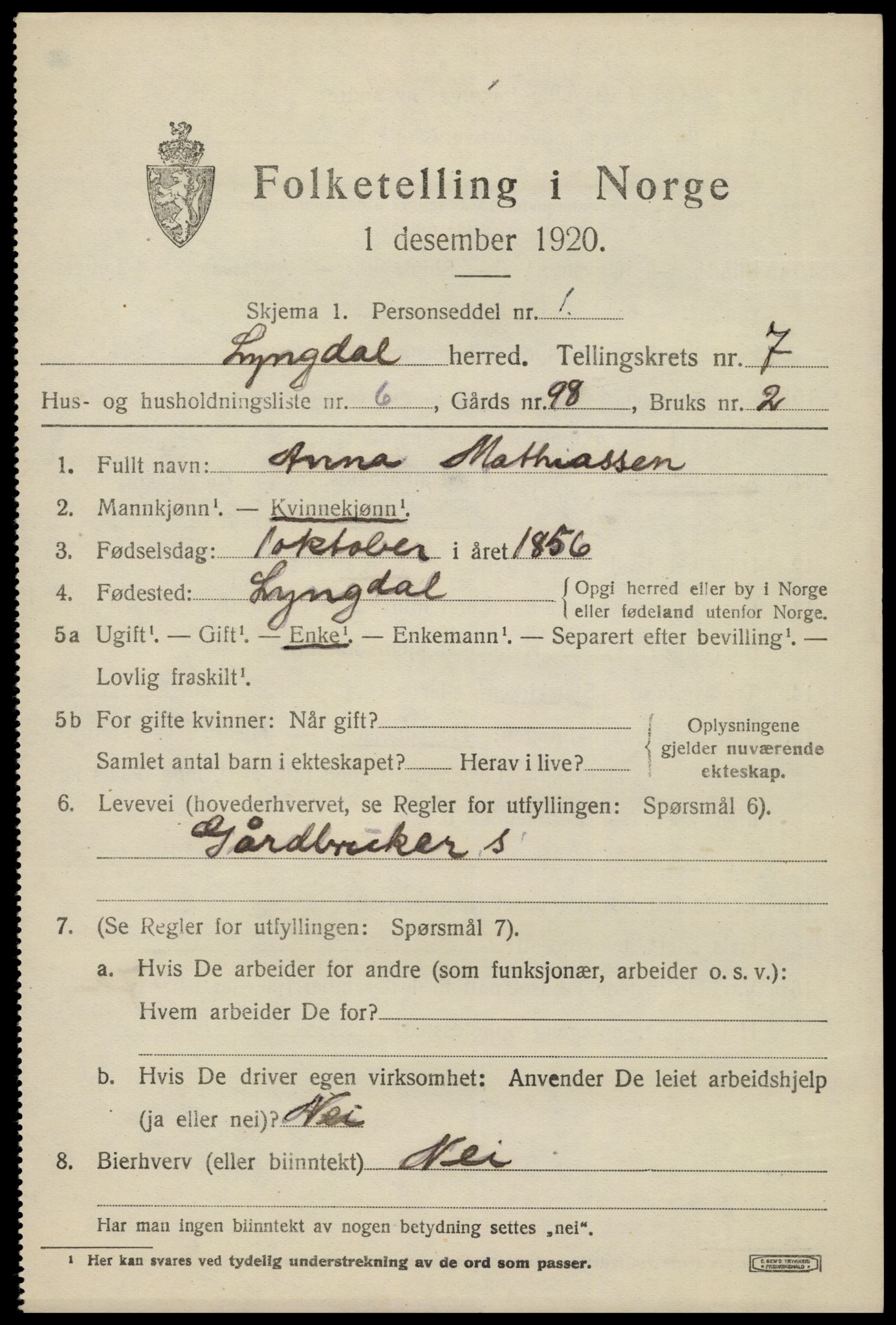 SAK, 1920 census for Lyngdal, 1920, p. 3955