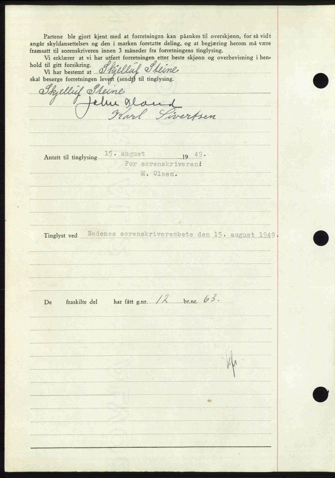 Nedenes sorenskriveri, SAK/1221-0006/G/Gb/Gba/L0061: Mortgage book no. A13, 1949-1949, Diary no: : 1260/1949