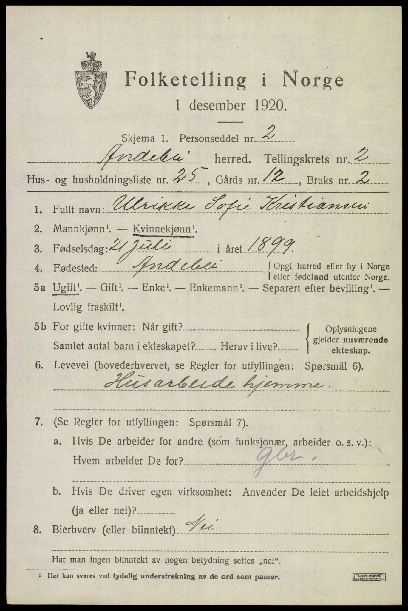 SAKO, 1920 census for Andebu, 1920, p. 1826