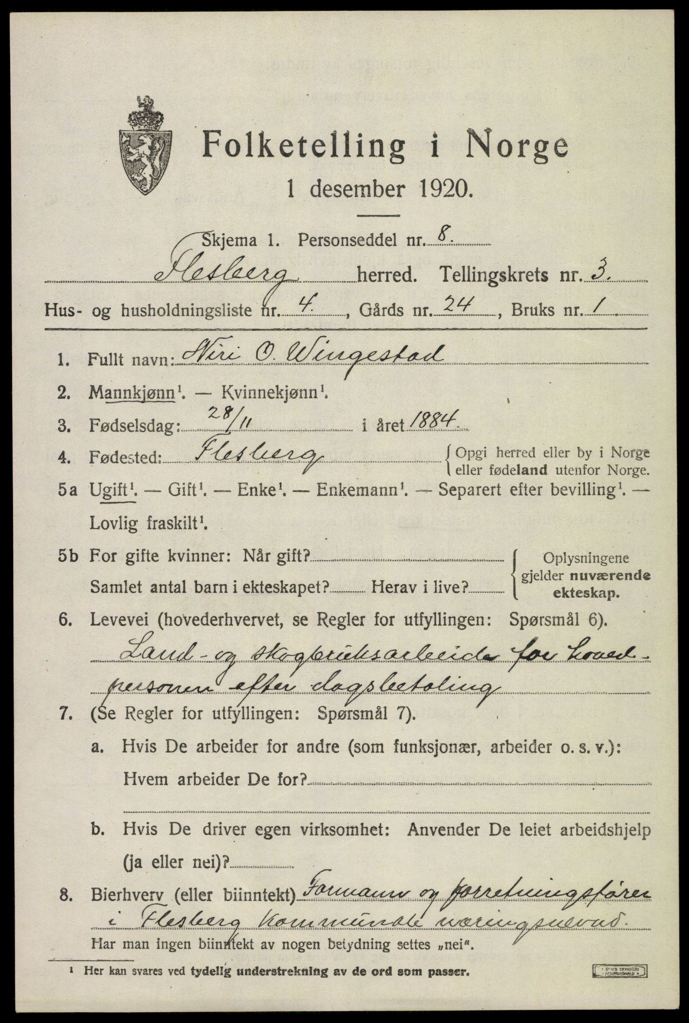 SAKO, 1920 census for Flesberg, 1920, p. 2153