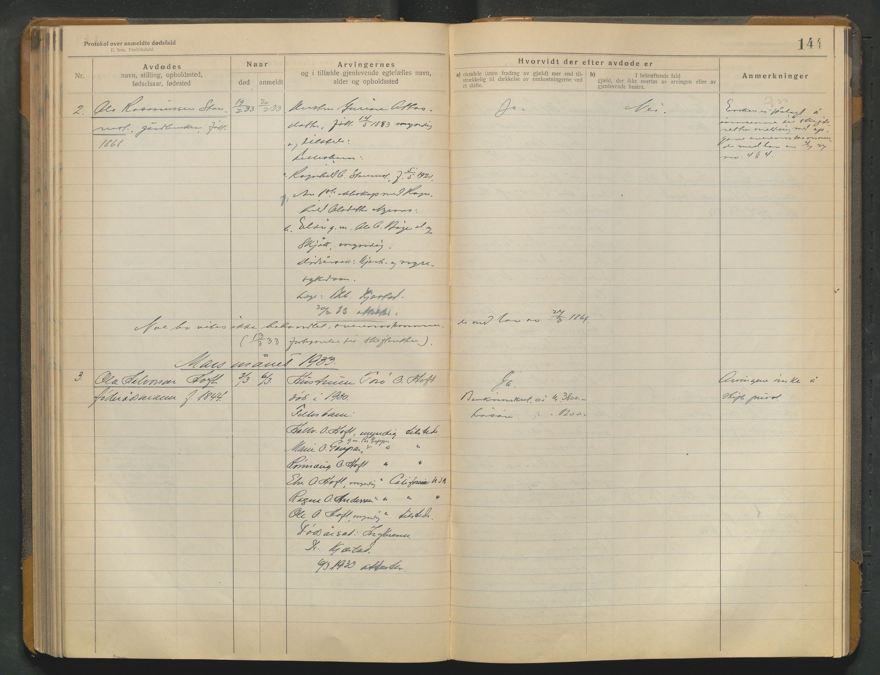 Lom lensmannskontor, SAH/PGL-006/H/Ha/Haa/L0001/0004: Dødsfallsprotokoller / Dødsfallsprotokoll, 1922-1937, p. 144