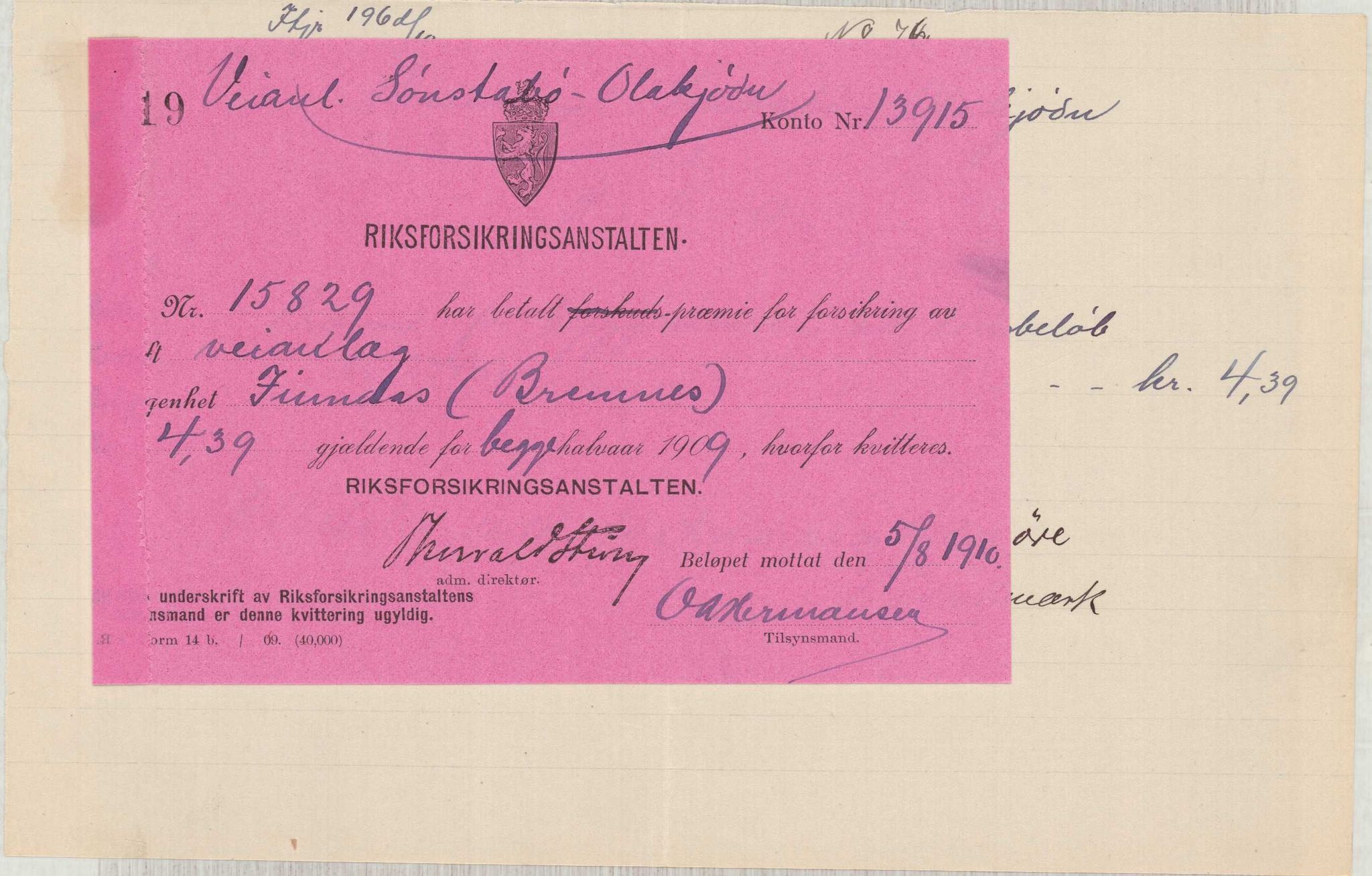 Finnaas kommune. Formannskapet, IKAH/1218a-021/E/Ea/L0001/0006: Rekneskap for veganlegg / Rekneskap for veganlegget Sønstabø - Olakjødn, 1909-1914, p. 43