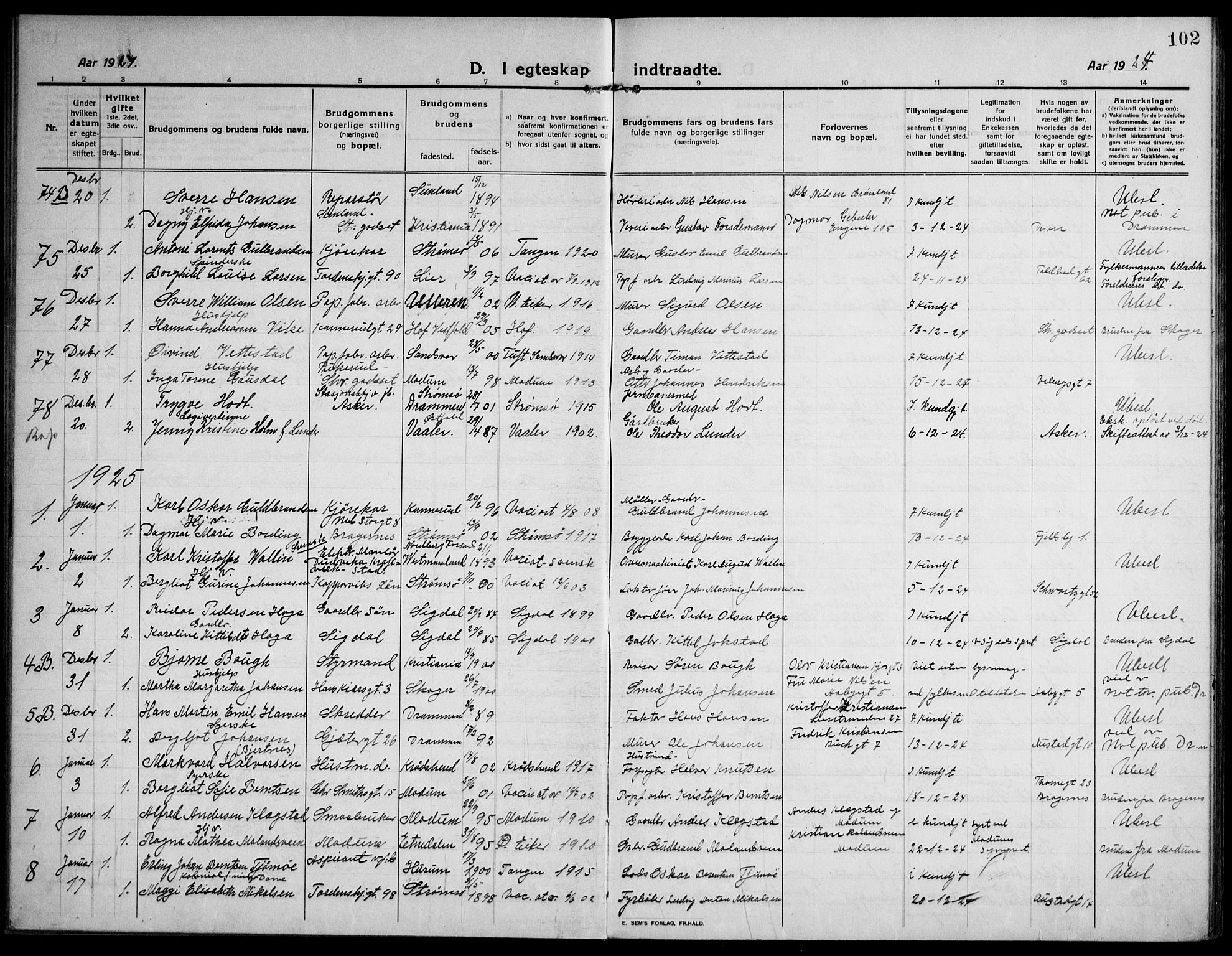 Strømsø kirkebøker, AV/SAKO-A-246/F/Fa/L0027: Parish register (official) no. I 28, 1912-1931, p. 102