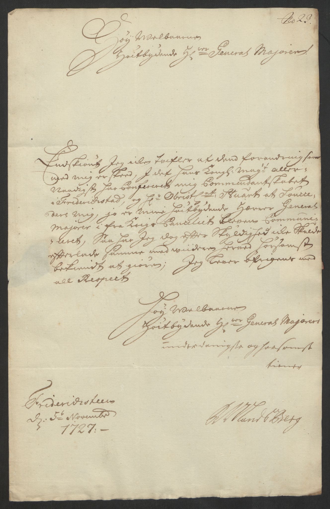 Kommanderende general (KG I) med Det norske krigsdirektorium, AV/RA-EA-5419/D/L0153: Fredriksten festning: Brev, inventarfortegnelser og regnskapsekstrakter, 1724-1729, p. 495