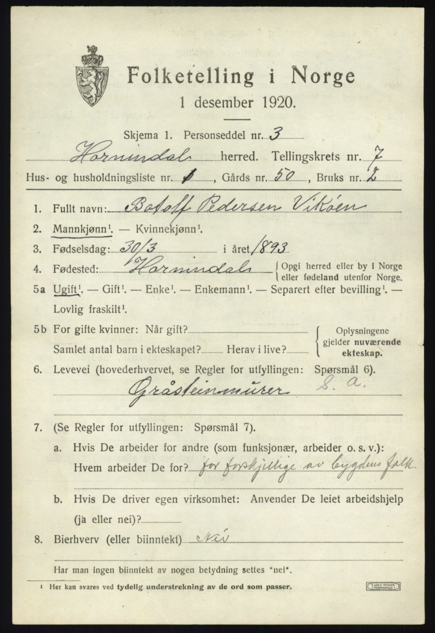 SAB, 1920 census for Hornindal, 1920, p. 3418