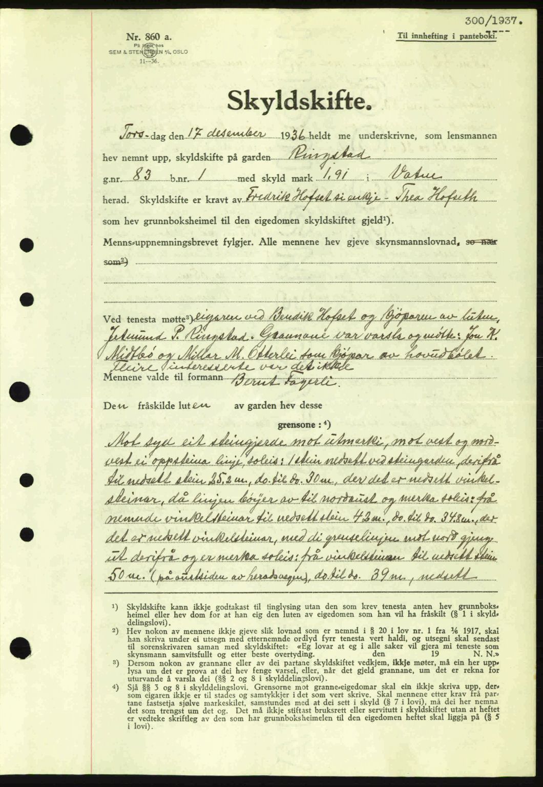 Nordre Sunnmøre sorenskriveri, AV/SAT-A-0006/1/2/2C/2Ca: Mortgage book no. A2, 1936-1937, Diary no: : 300/1937