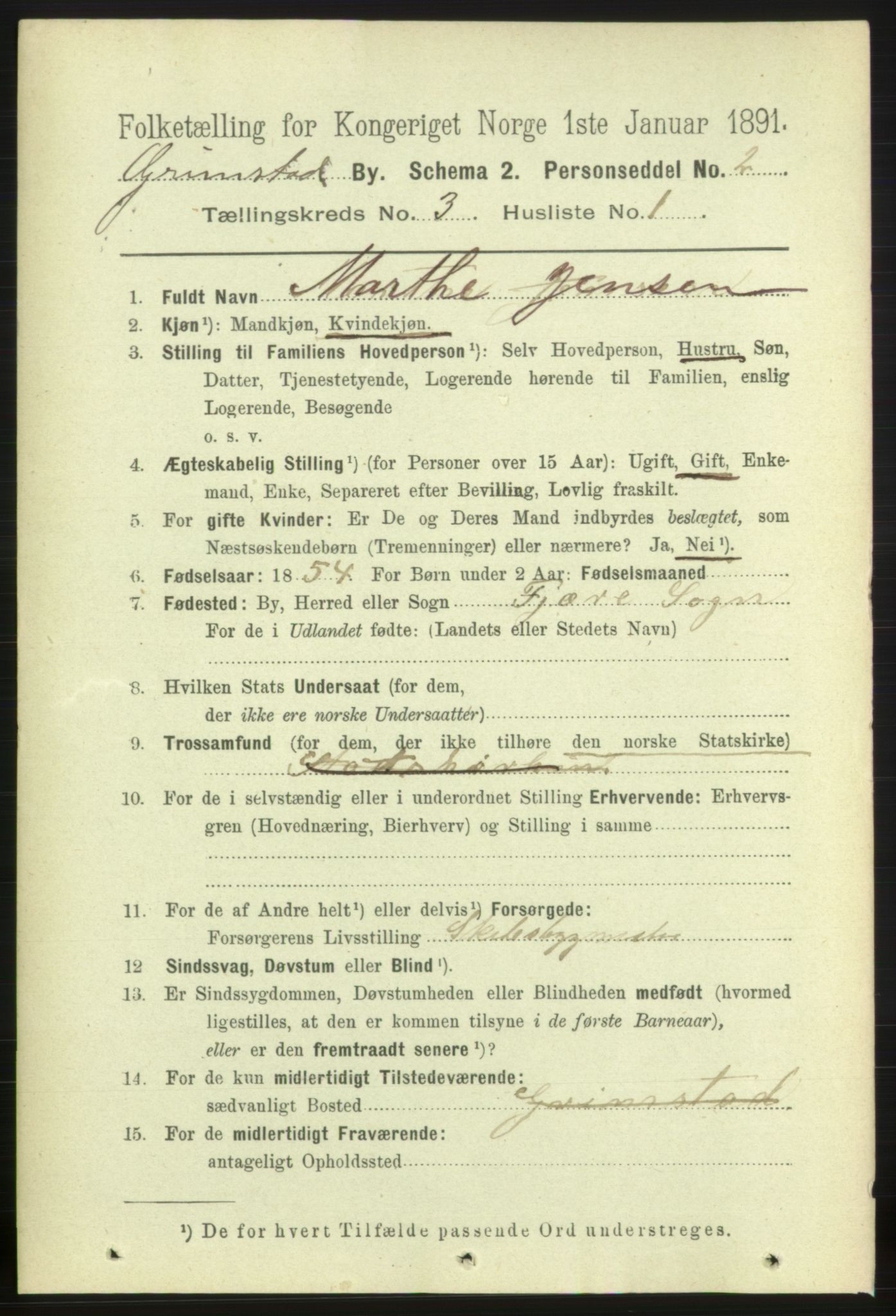 RA, 1891 census for 0904 Grimstad, 1891, p. 1997