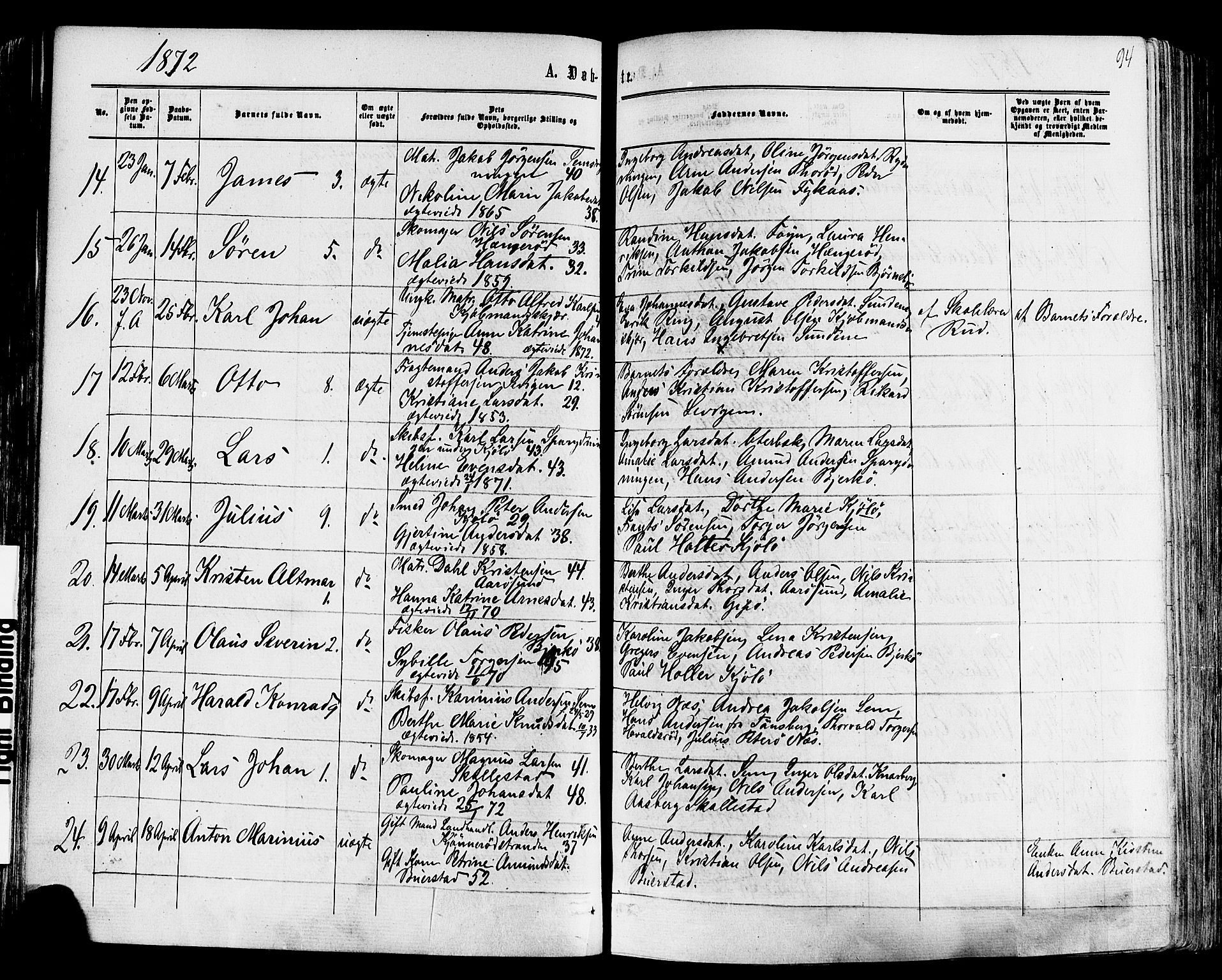 Nøtterøy kirkebøker, AV/SAKO-A-354/F/Fa/L0007: Parish register (official) no. I 7, 1865-1877, p. 94