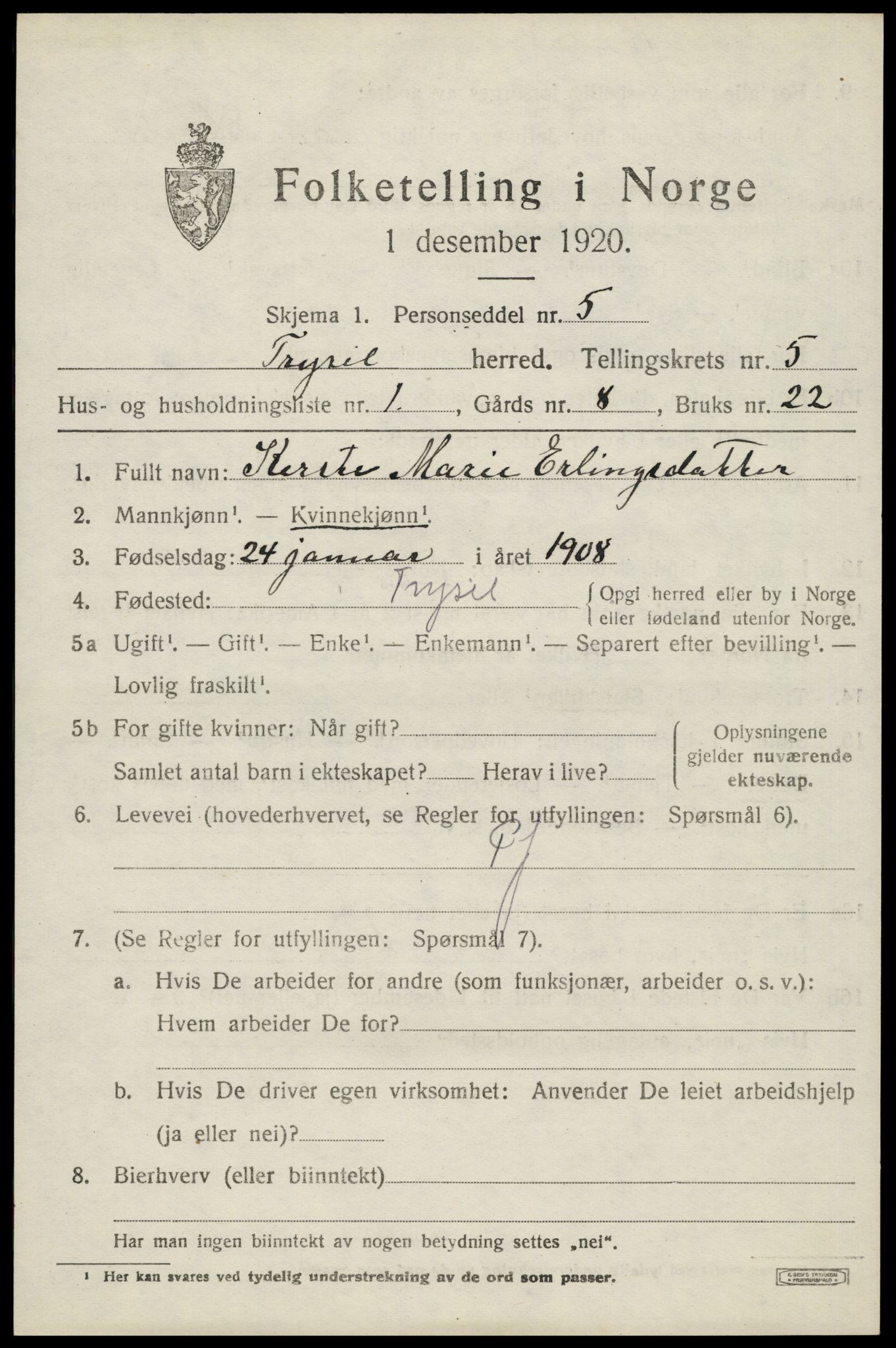 SAH, 1920 census for Trysil, 1920, p. 4319