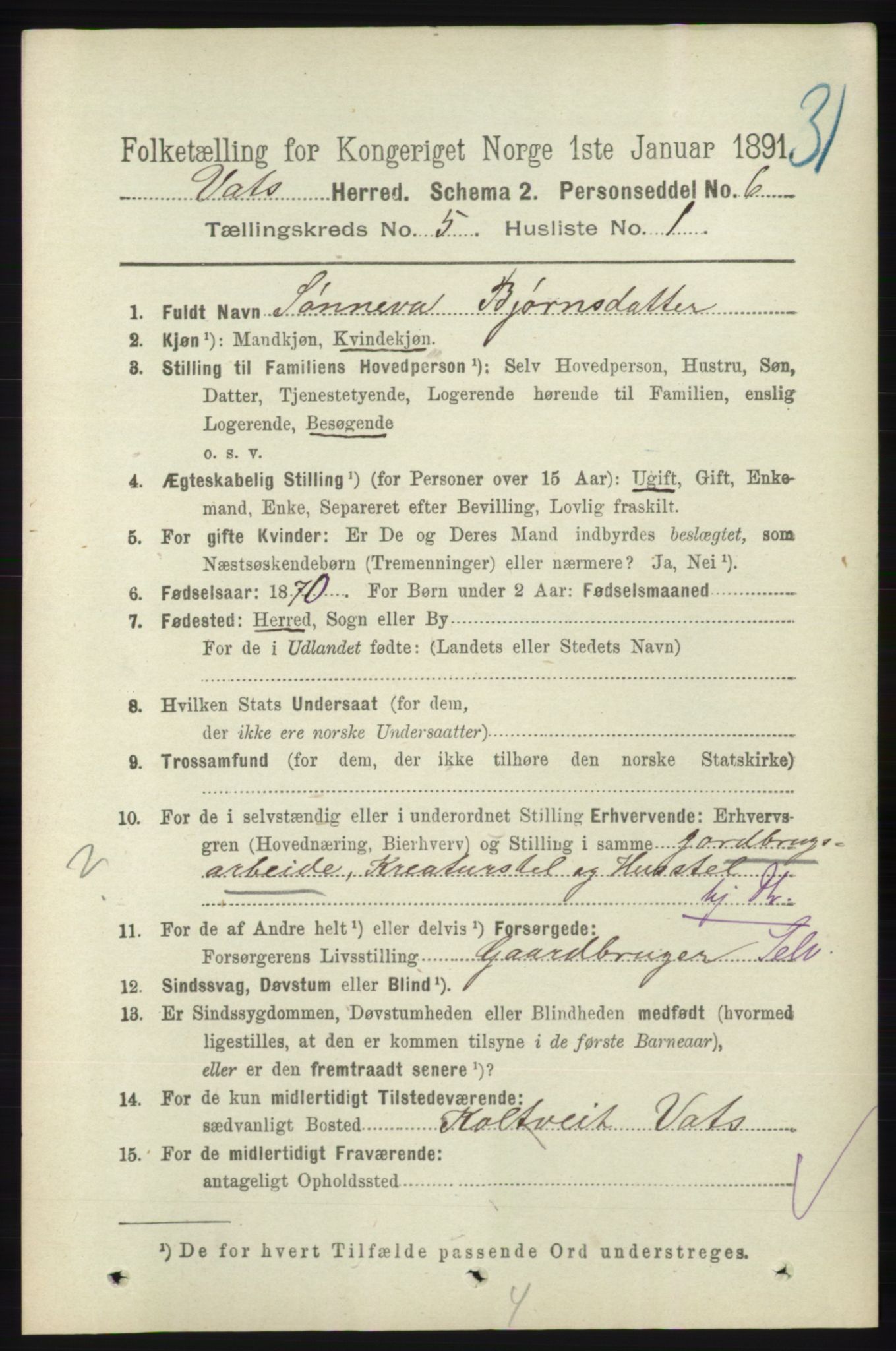 RA, 1891 census for 1155 Vats, 1891, p. 737