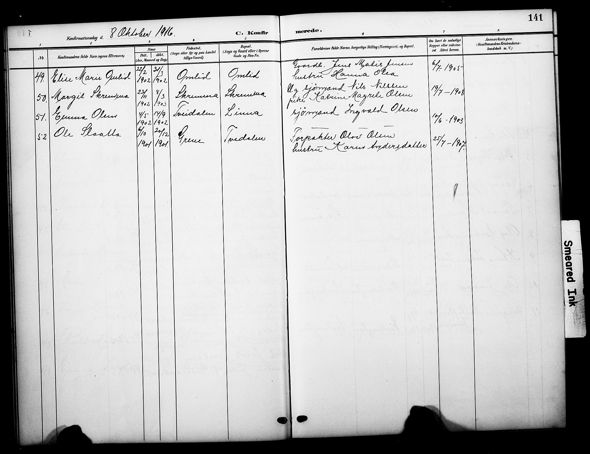 Brunlanes kirkebøker, AV/SAKO-A-342/G/Gb/L0003: Parish register (copy) no. II 3, 1903-1928, p. 141