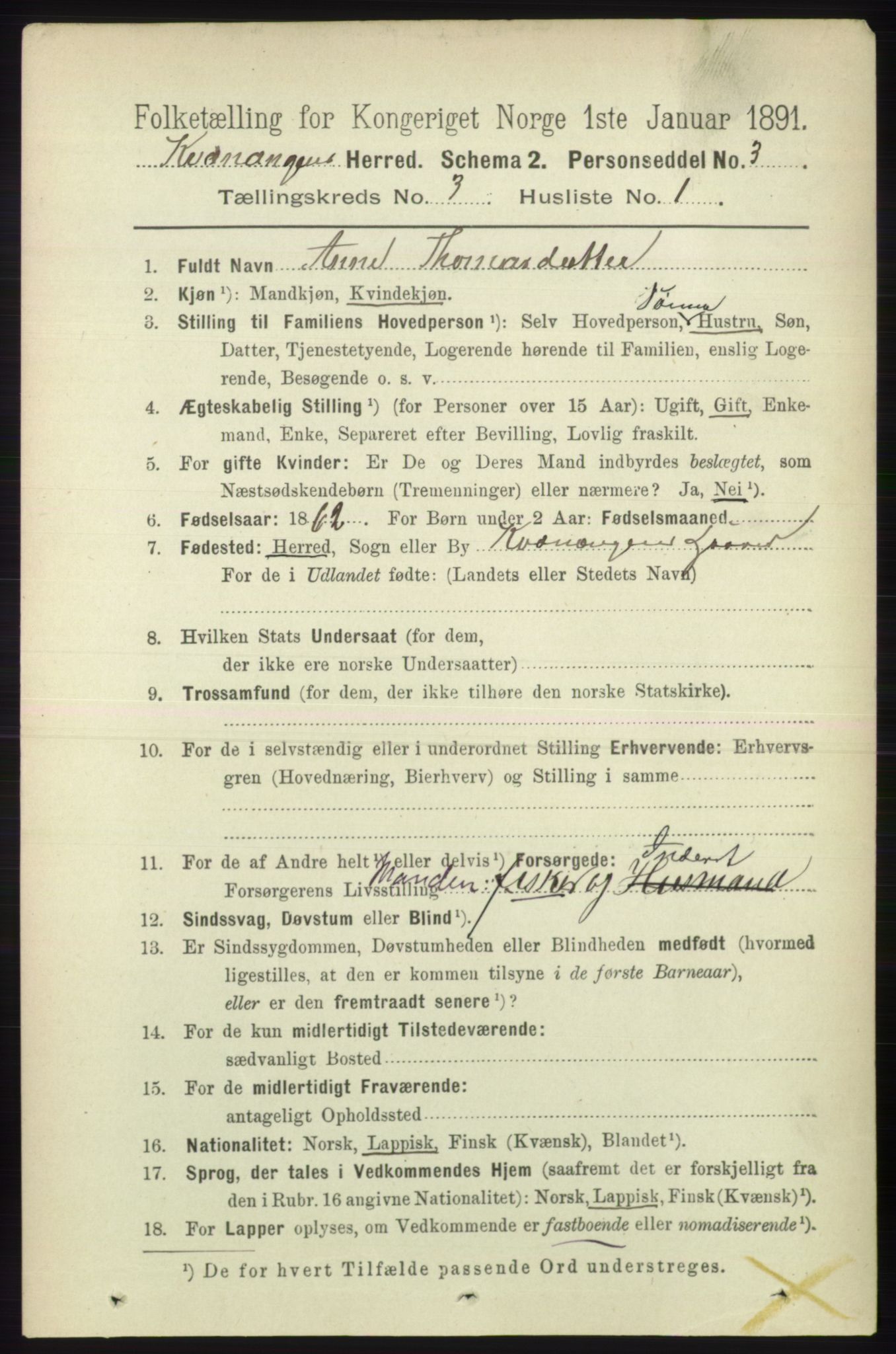 RA, 1891 census for 1943 Kvænangen, 1891, p. 1067