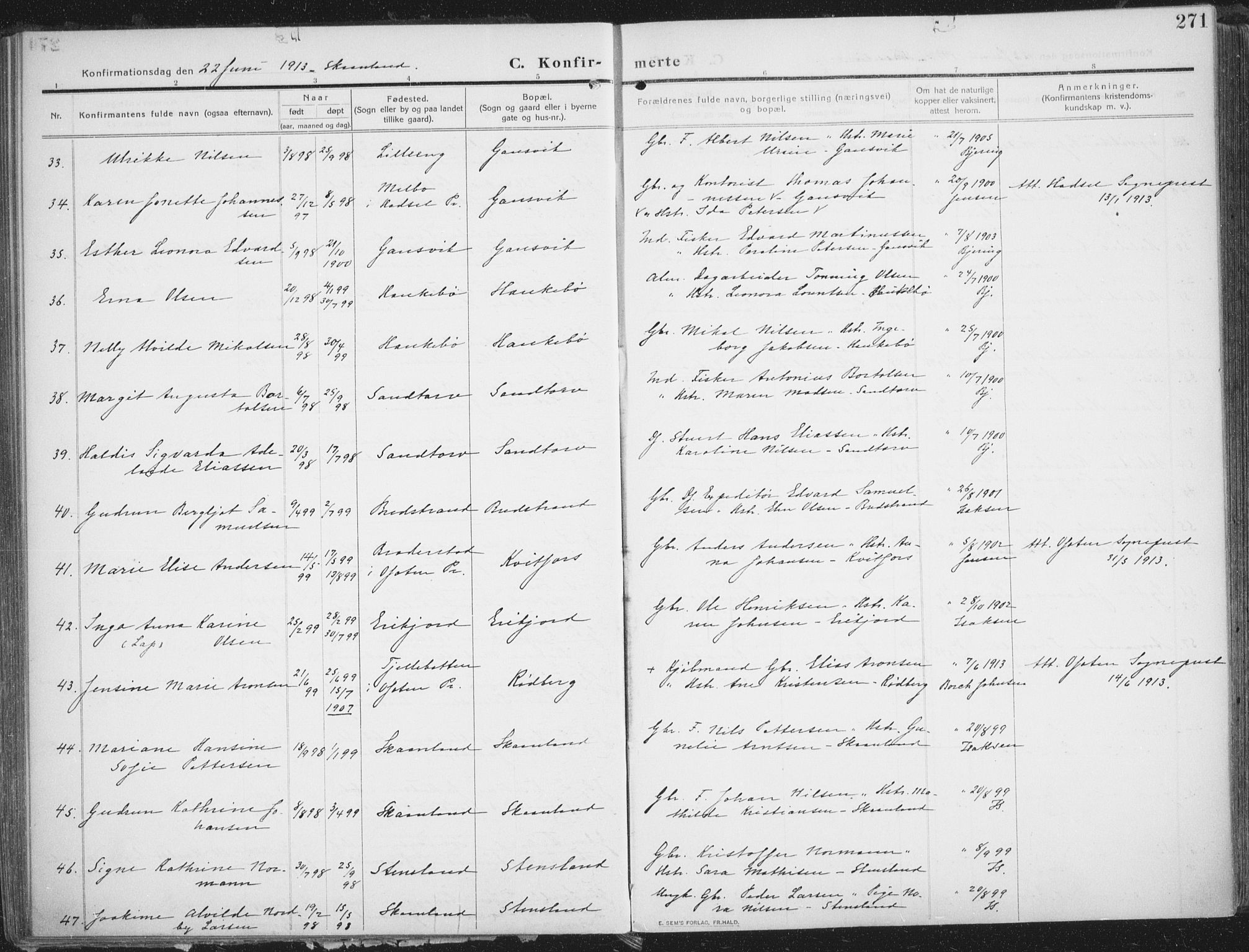 Trondenes sokneprestkontor, AV/SATØ-S-1319/H/Ha/L0018kirke: Parish register (official) no. 18, 1909-1918, p. 271