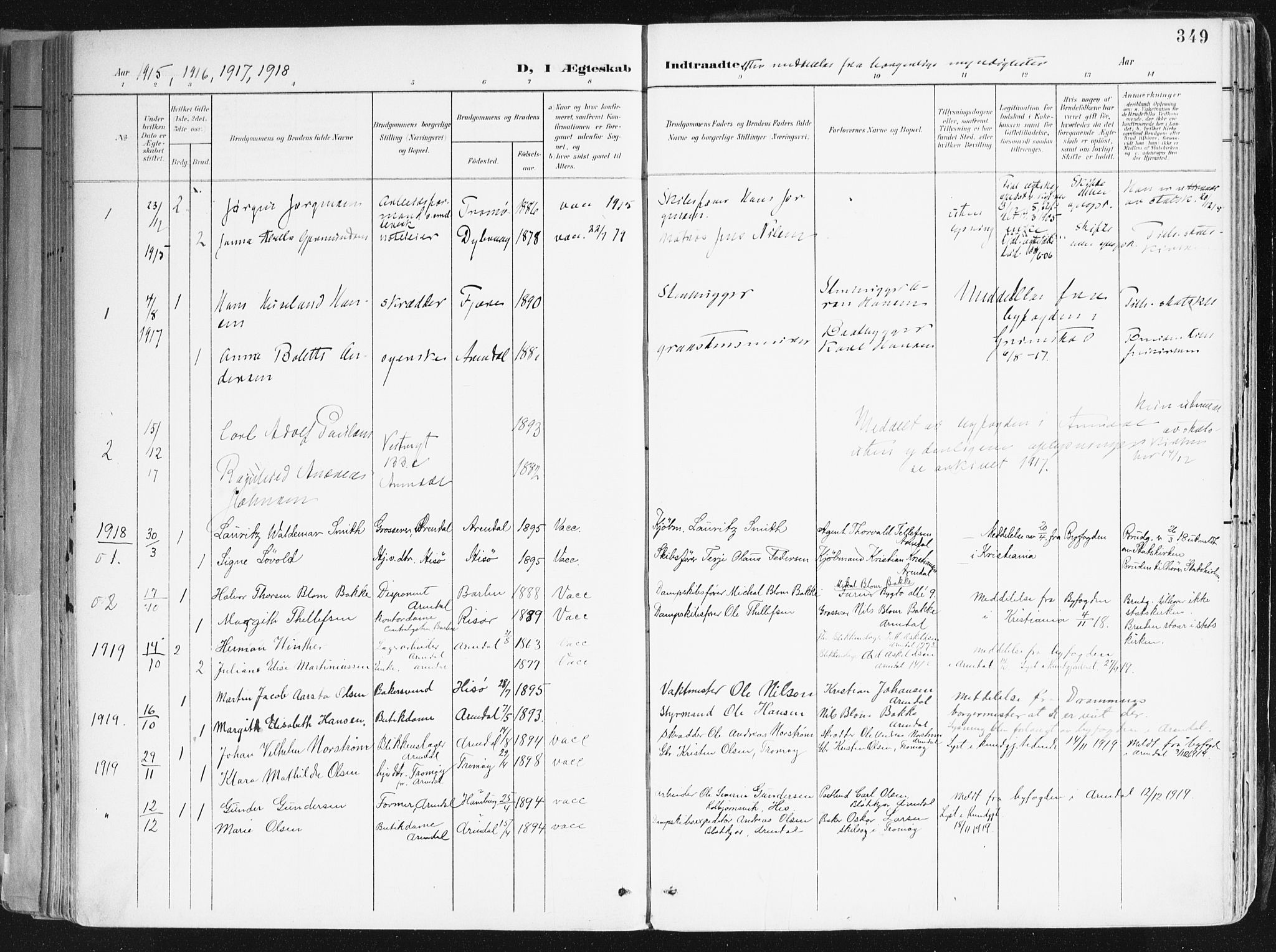 Arendal sokneprestkontor, Trefoldighet, SAK/1111-0040/F/Fa/L0010: Parish register (official) no. A 10, 1900-1919, p. 349