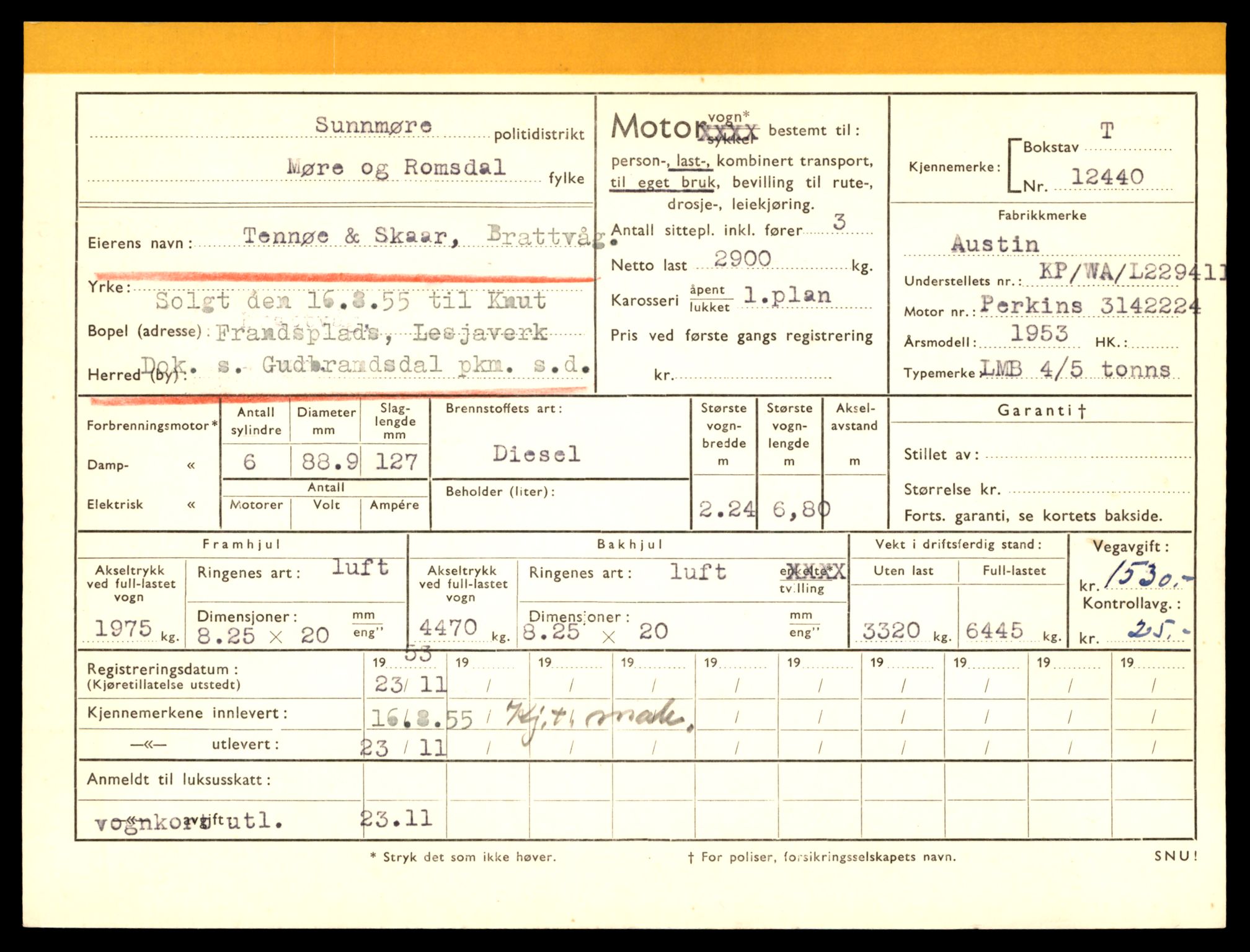 Møre og Romsdal vegkontor - Ålesund trafikkstasjon, AV/SAT-A-4099/F/Fe/L0033: Registreringskort for kjøretøy T 12151 - T 12474, 1927-1998, p. 3289