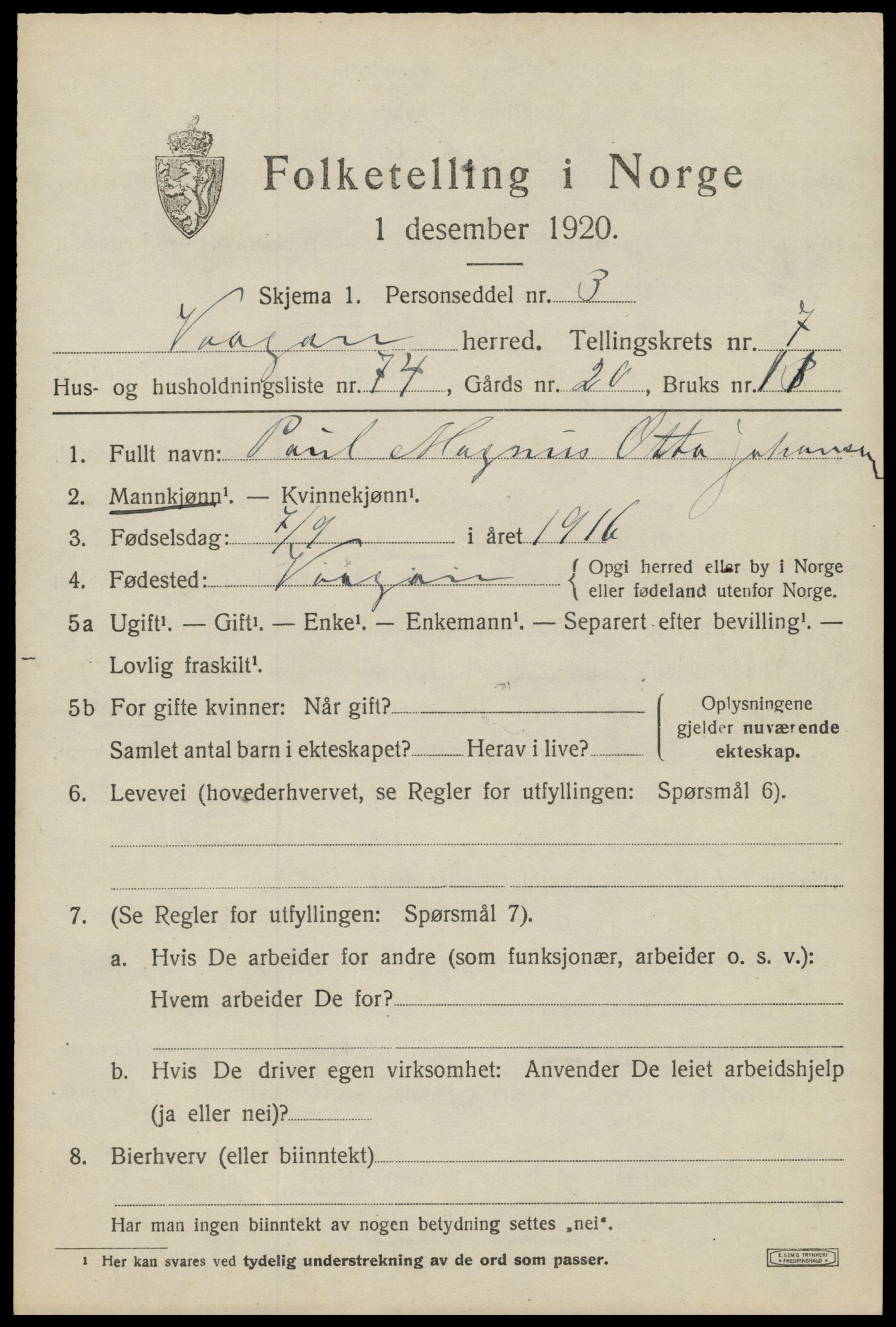 SAT, 1920 census for Vågan, 1920, p. 7295