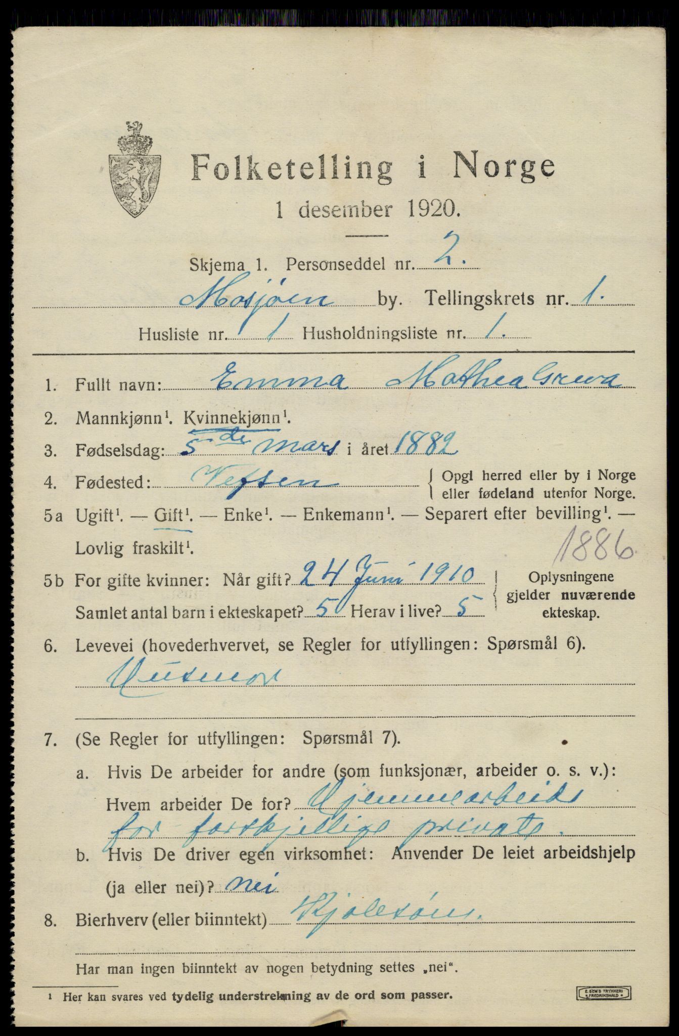 SAT, 1920 census for Mosjøen, 1920, p. 1678