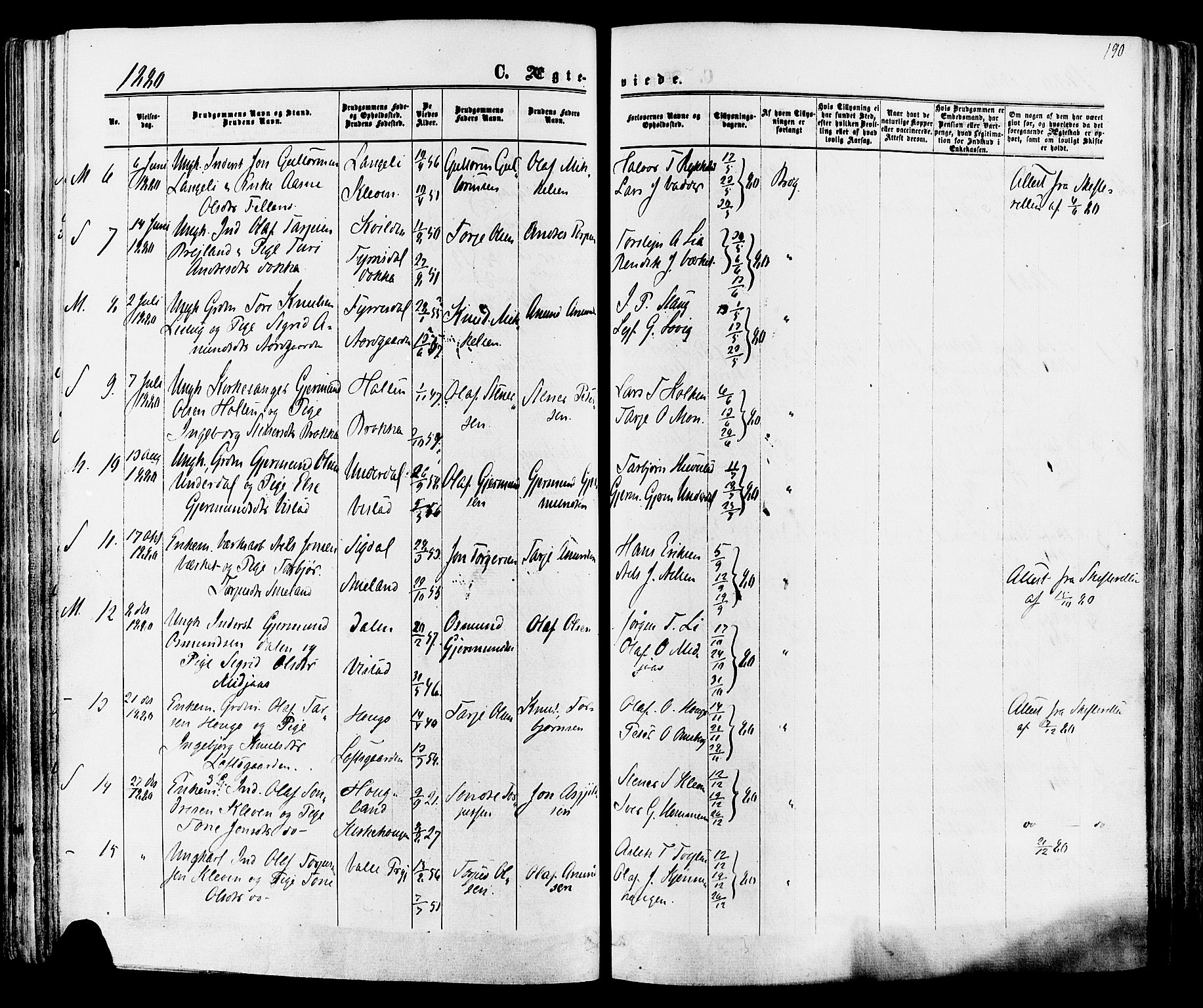 Mo kirkebøker, SAKO/A-286/F/Fa/L0006: Parish register (official) no. I 6, 1865-1885, p. 190