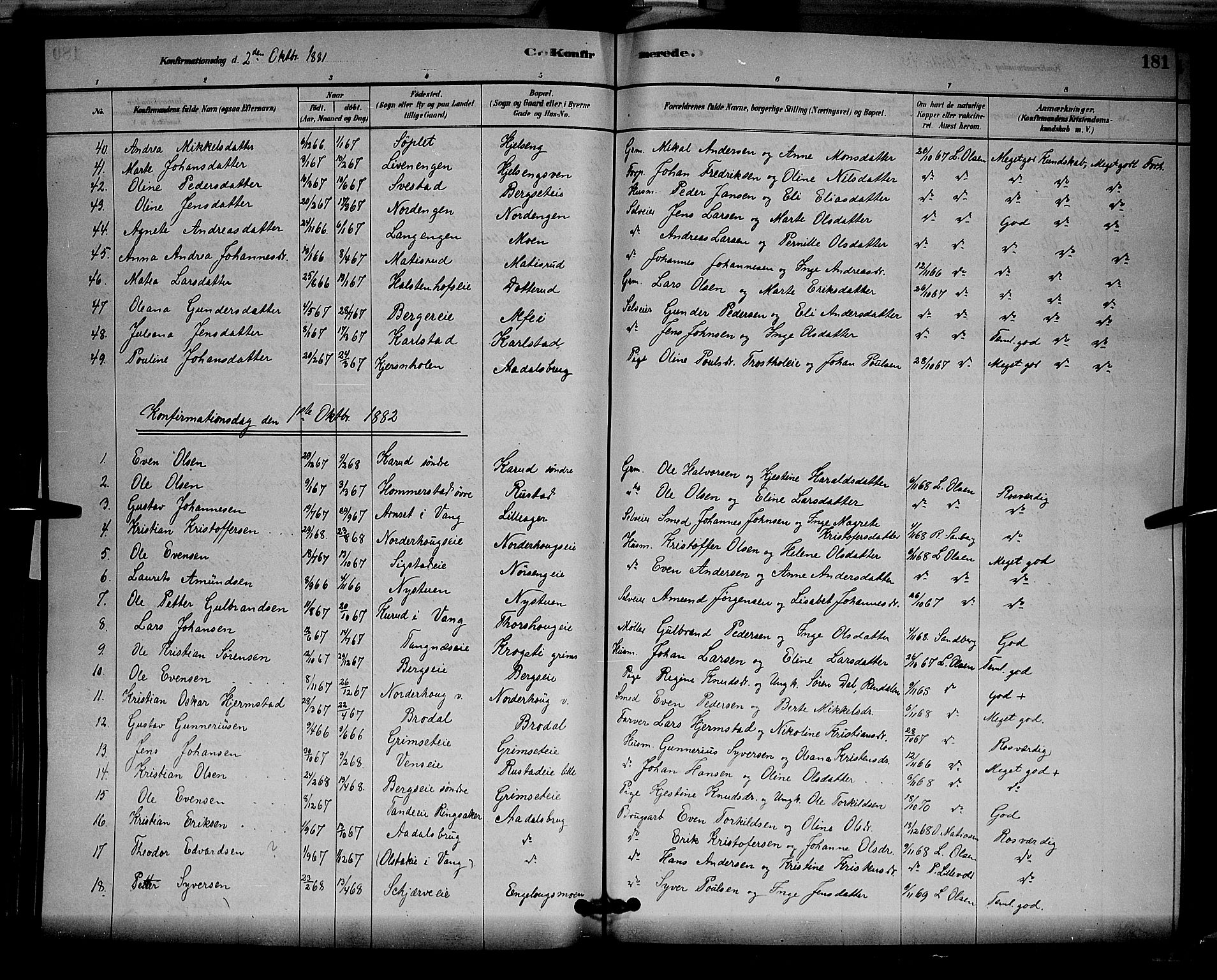 Løten prestekontor, SAH/PREST-022/L/La/L0005: Parish register (copy) no. 5, 1878-1891, p. 181
