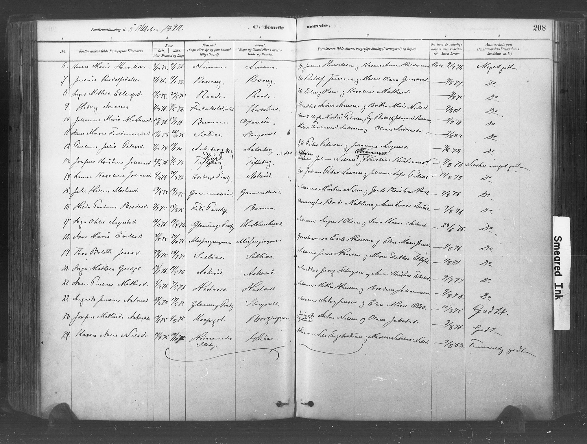 Råde prestekontor kirkebøker, AV/SAO-A-2009/F/Fa/L0007: Parish register (official) no. 7, 1878-1902, p. 208