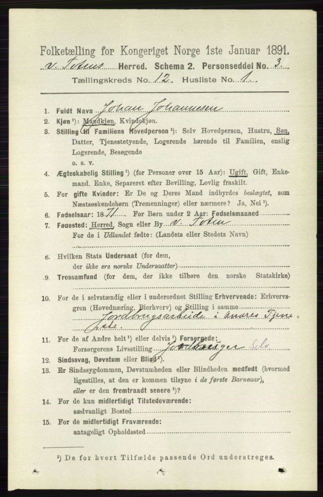 RA, 1891 census for 0529 Vestre Toten, 1891, p. 7279