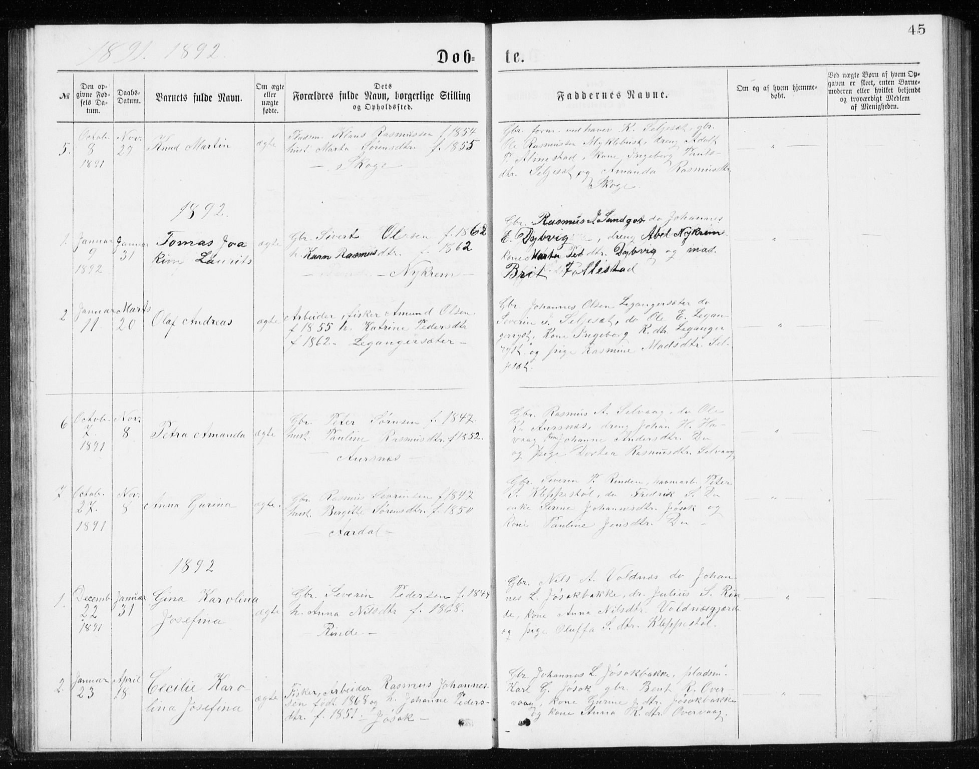 Ministerialprotokoller, klokkerbøker og fødselsregistre - Møre og Romsdal, AV/SAT-A-1454/508/L0097: Parish register (copy) no. 508C01, 1873-1897, p. 45