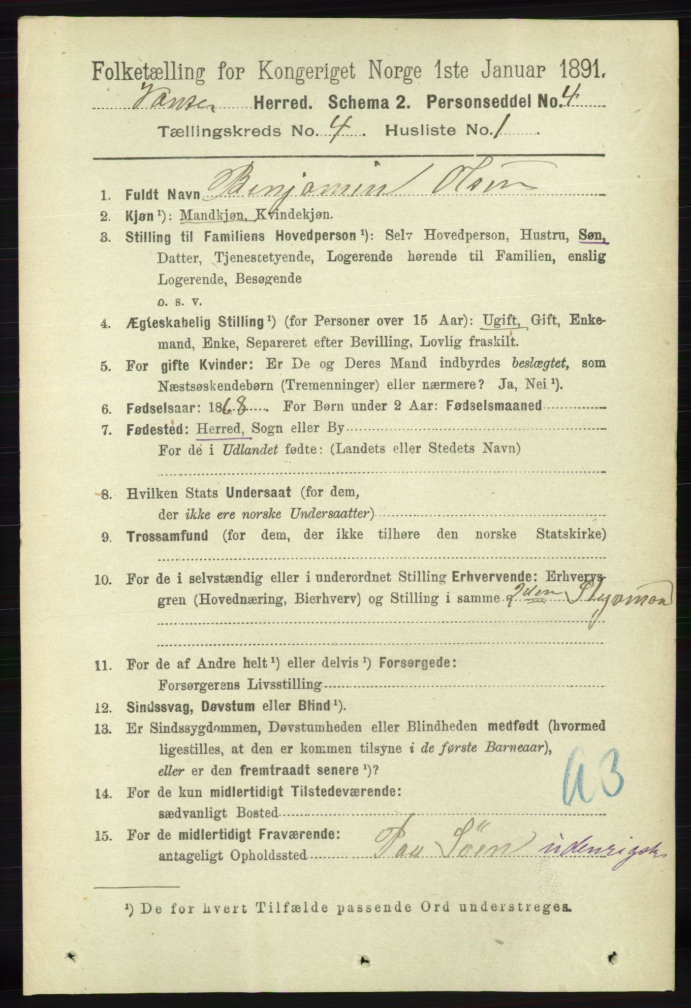 RA, 1891 census for 1041 Vanse, 1891, p. 2146