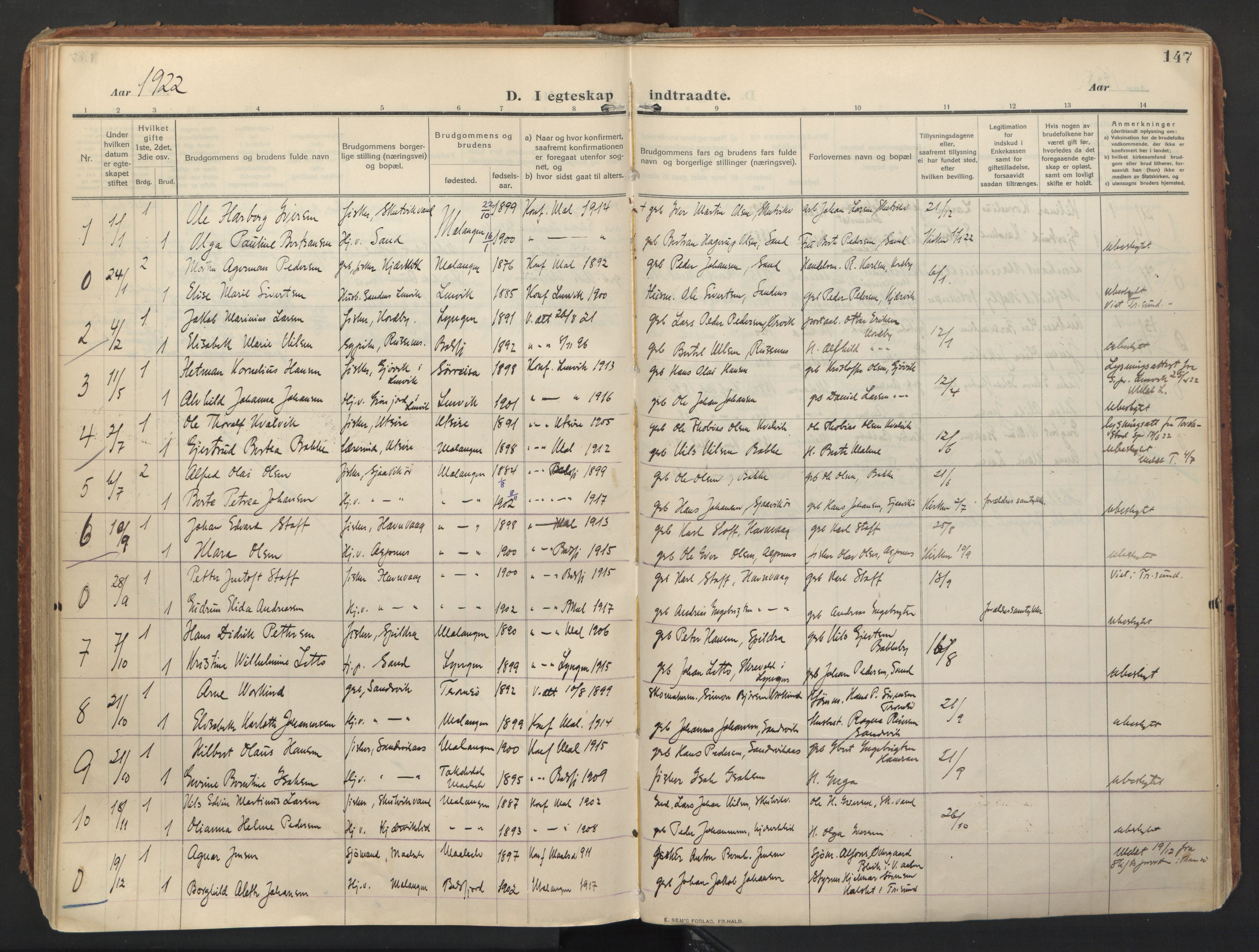 Balsfjord sokneprestembete, SATØ/S-1303/G/Ga/L0008kirke: Parish register (official) no. 8, 1910-1927, p. 147