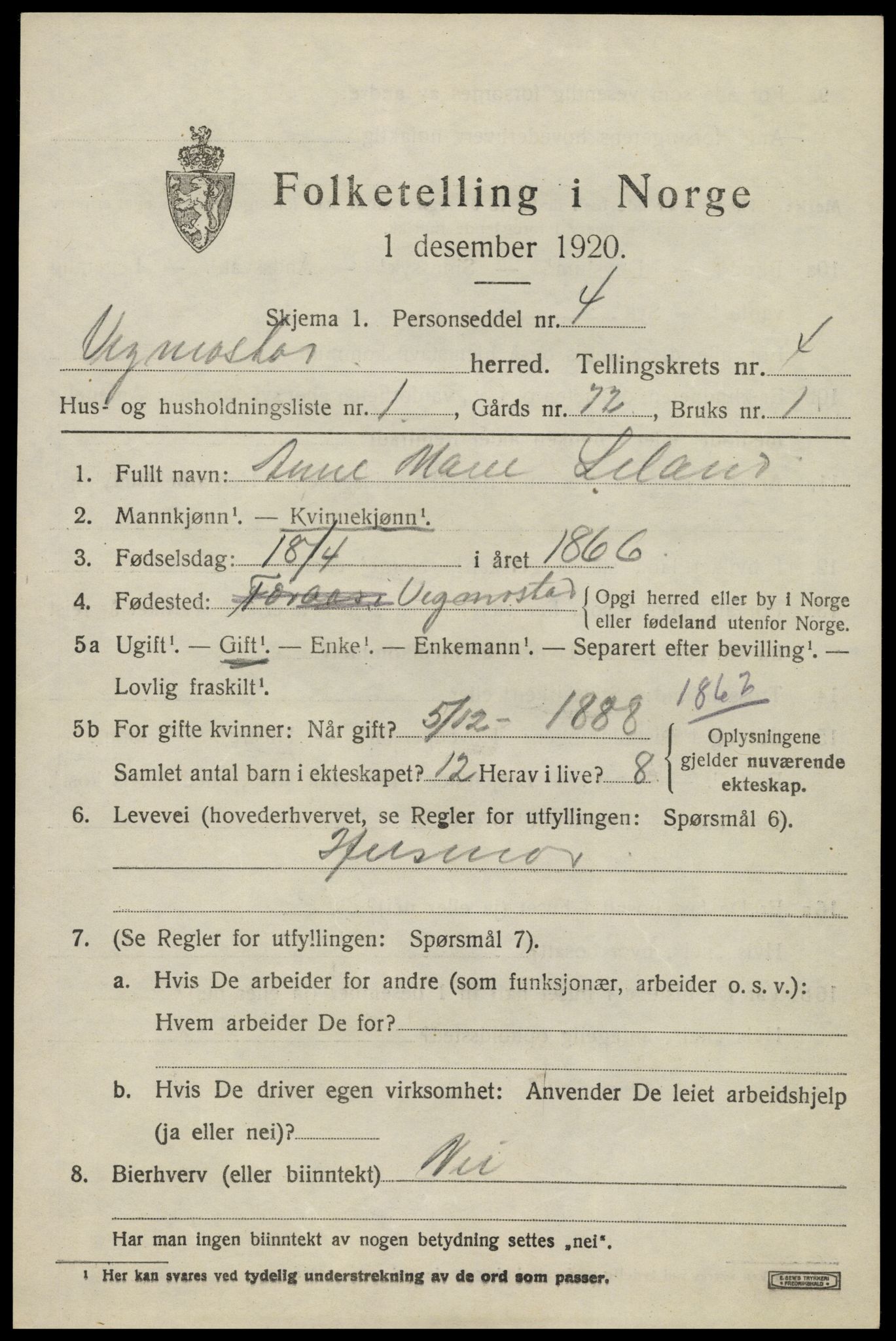 SAK, 1920 census for Vigmostad, 1920, p. 1179