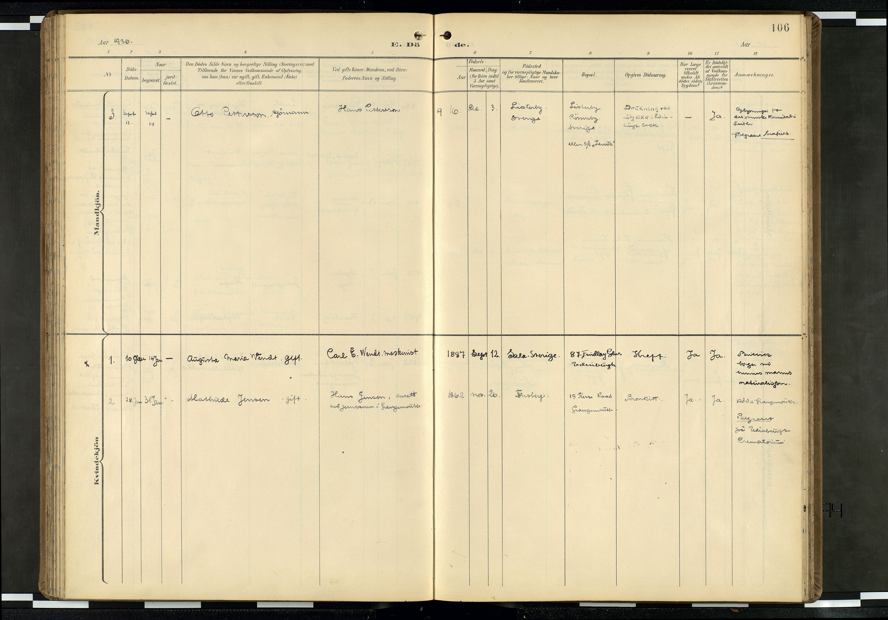 Den norske sjømannsmisjon i utlandet/Skotske havner (Leith, Glasgow), SAB/SAB/PA-0100/H/Ha/Haa/L0004: Parish register (official) no. A 4, 1899-1949, p. 105b-106a