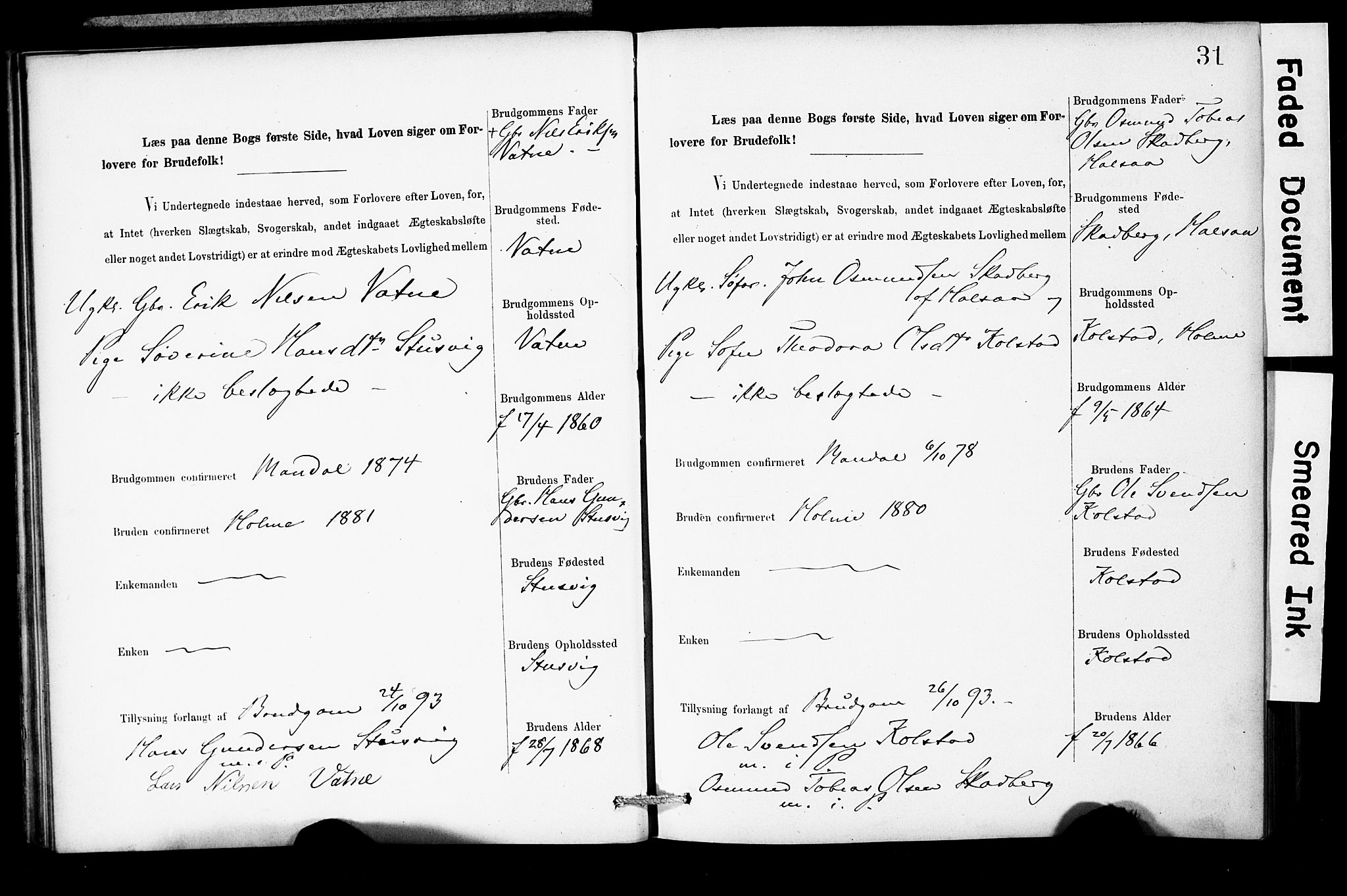 Holum sokneprestkontor, AV/SAK-1111-0022/F/Fe/L0004: Banns register no. II 5 4, 1890-1914, p. 31