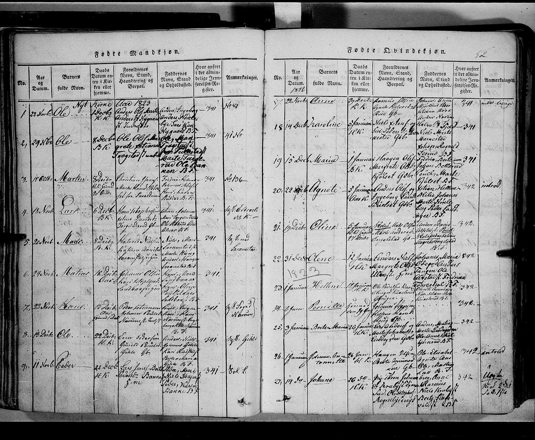 Toten prestekontor, SAH/PREST-102/H/Ha/Hab/L0002: Parish register (copy) no. 2, 1820-1827, p. 52