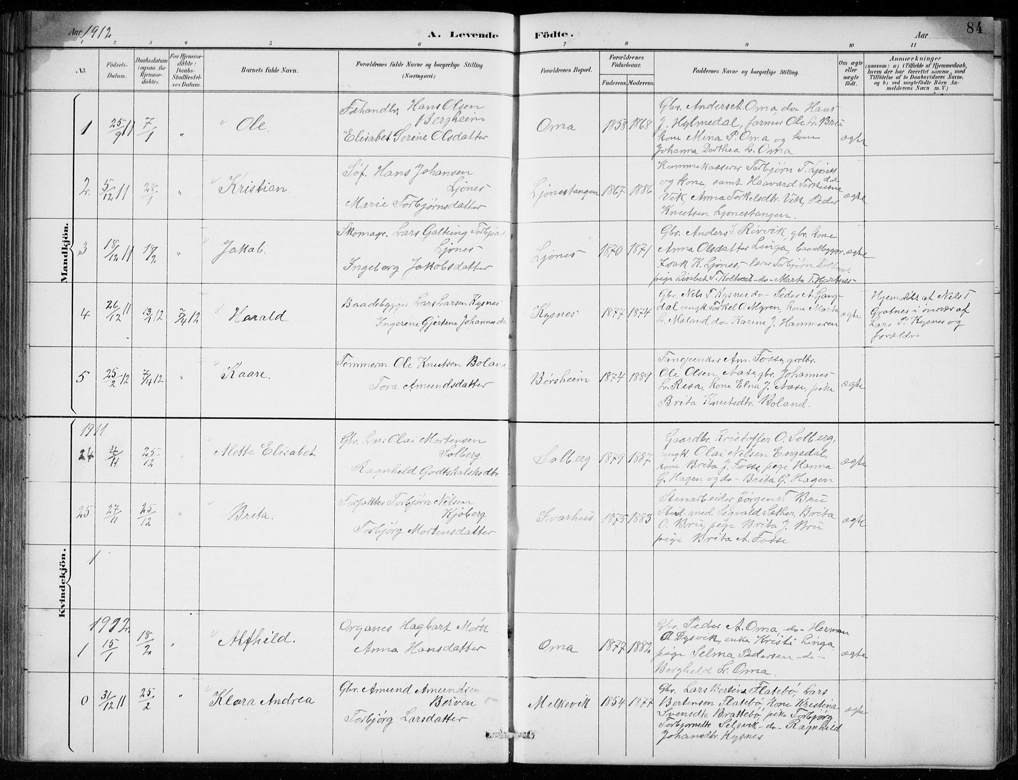 Strandebarm sokneprestembete, AV/SAB-A-78401/H/Hab: Parish register (copy) no. B  1, 1891-1914, p. 84