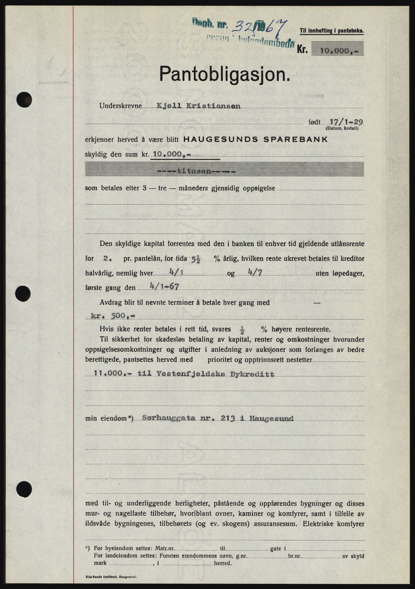 Haugesund tingrett, SAST/A-101415/01/II/IIC/L0056: Mortgage book no. B 56, 1966-1967, Diary no: : 32/1967